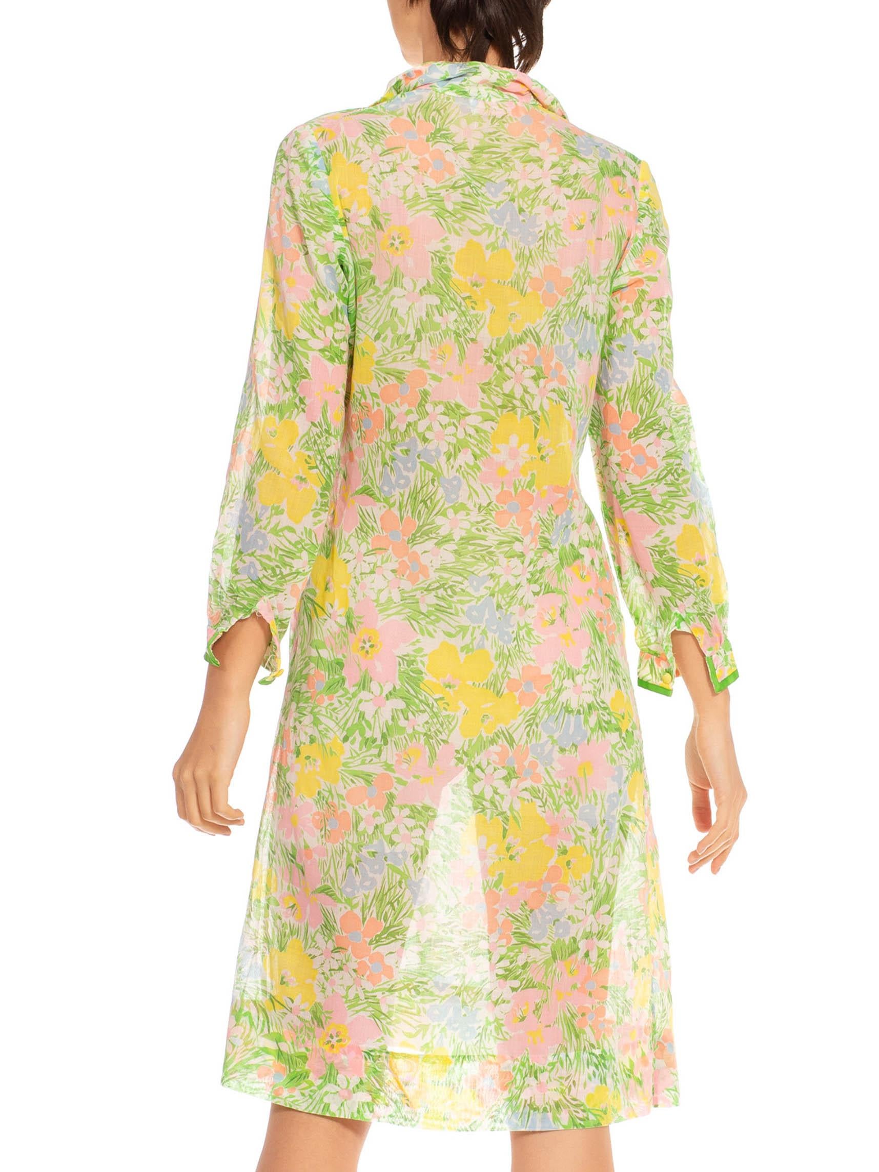 1960S Green & Pink Multi Cotton Spring Floral Shirt Dress For Sale 2