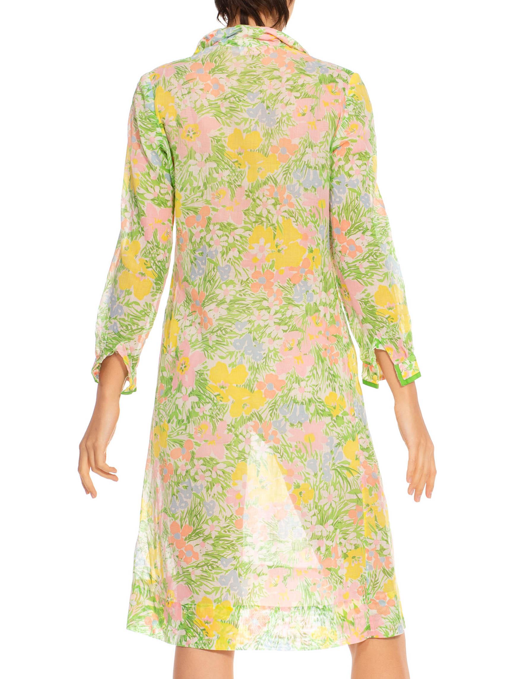 1960S Green & Pink Multi Cotton Spring Floral Shirt Dress For Sale 3