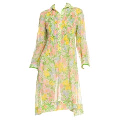 Grünes & rosafarbenes Hemdkleid aus mehrfarbiger Baumwolle mit Frühlingsblumenmuster aus den 1960er Jahren