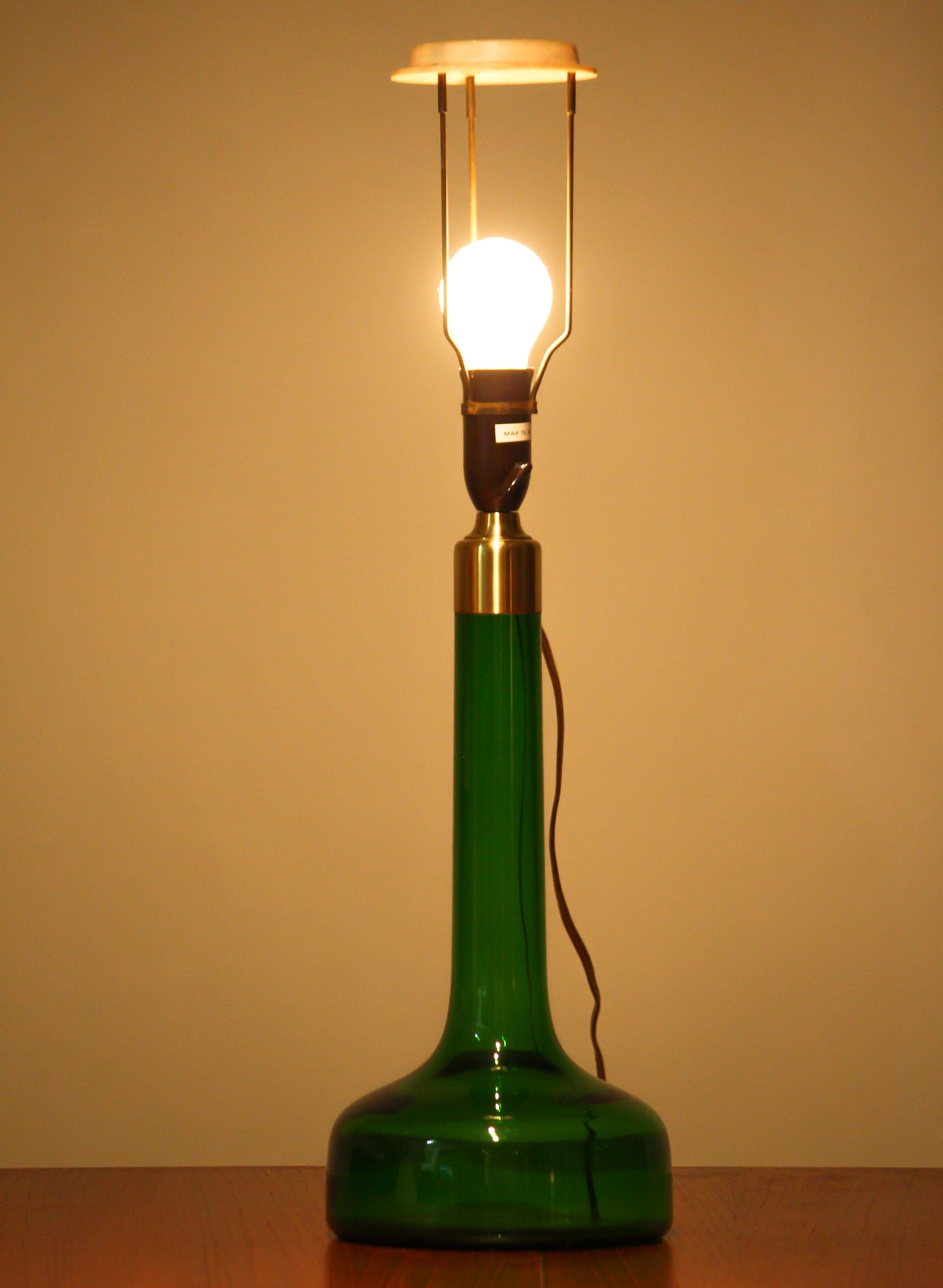 Danish 1960s Green Scandinavian Glass Table Lamp Made by Holmegaard Denmark