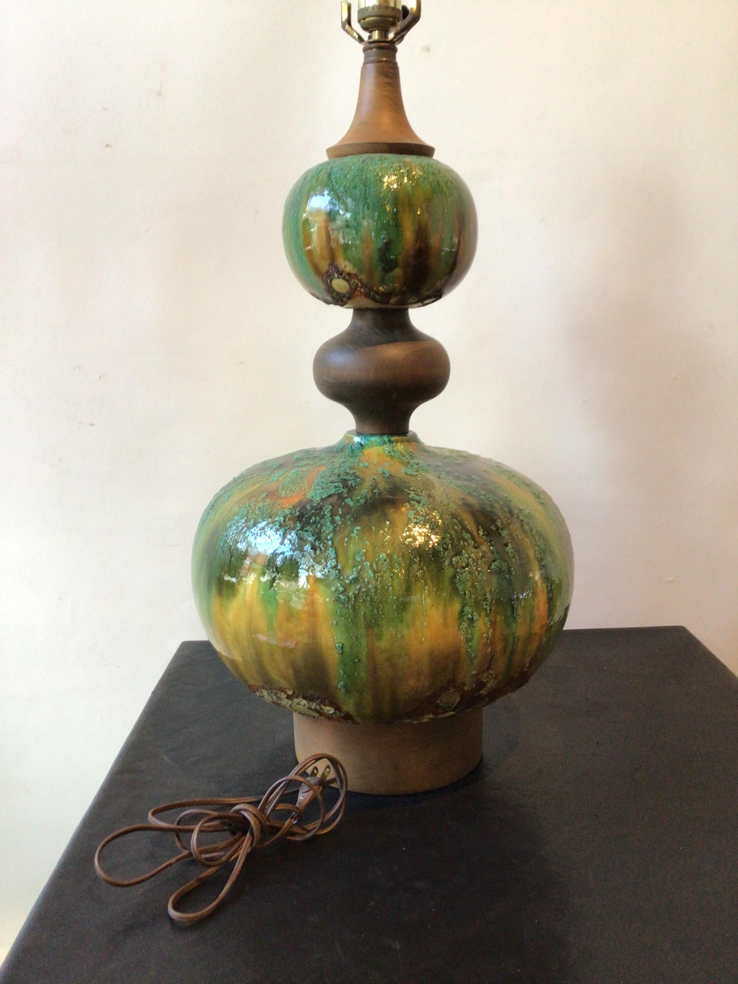 Mid-20th Century 1960s Green Textured Ceramic Round Lamp on Wood Base For Sale