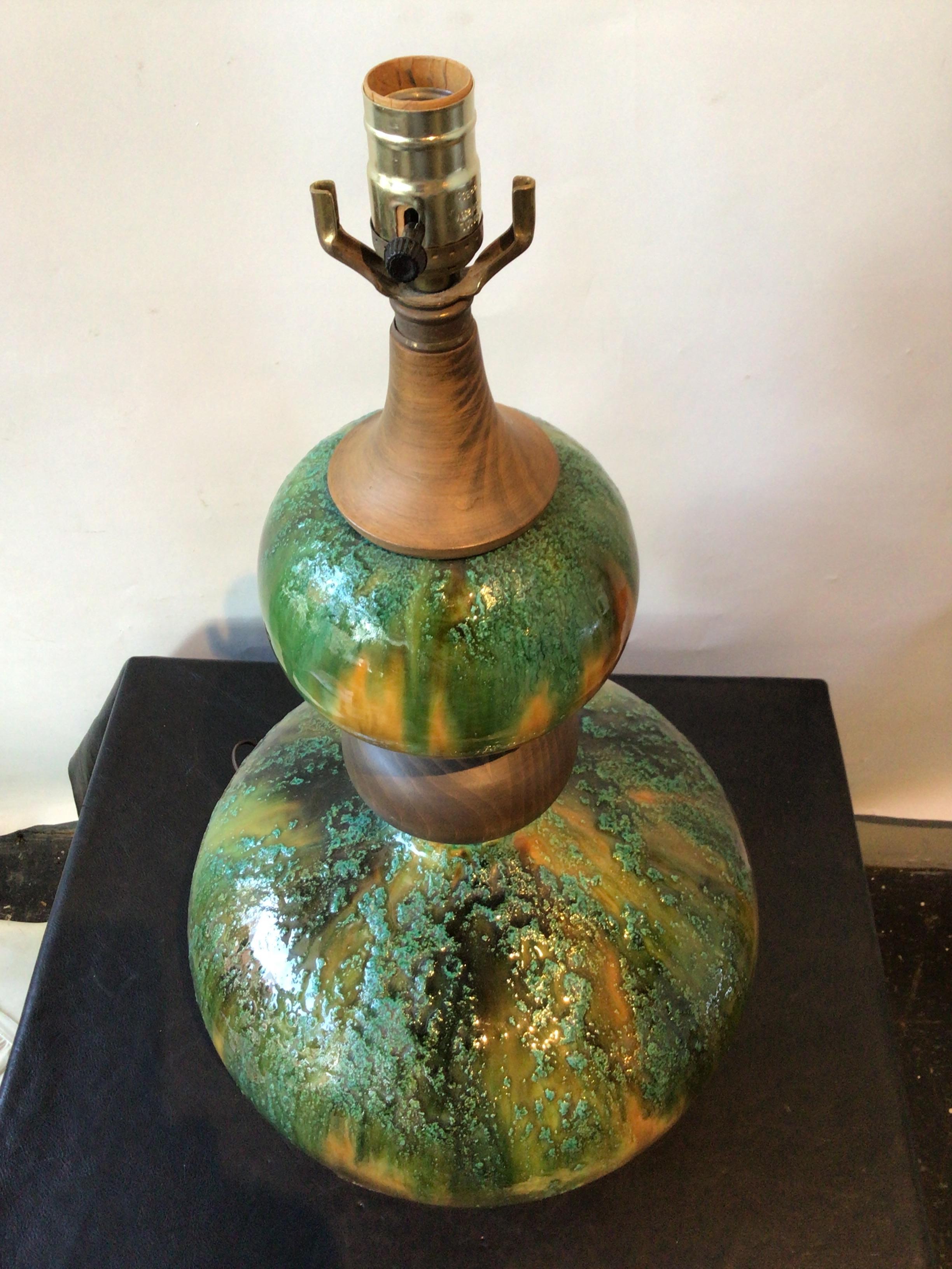1960s Green Textured Ceramic Round Lamp on Wood Base For Sale 1