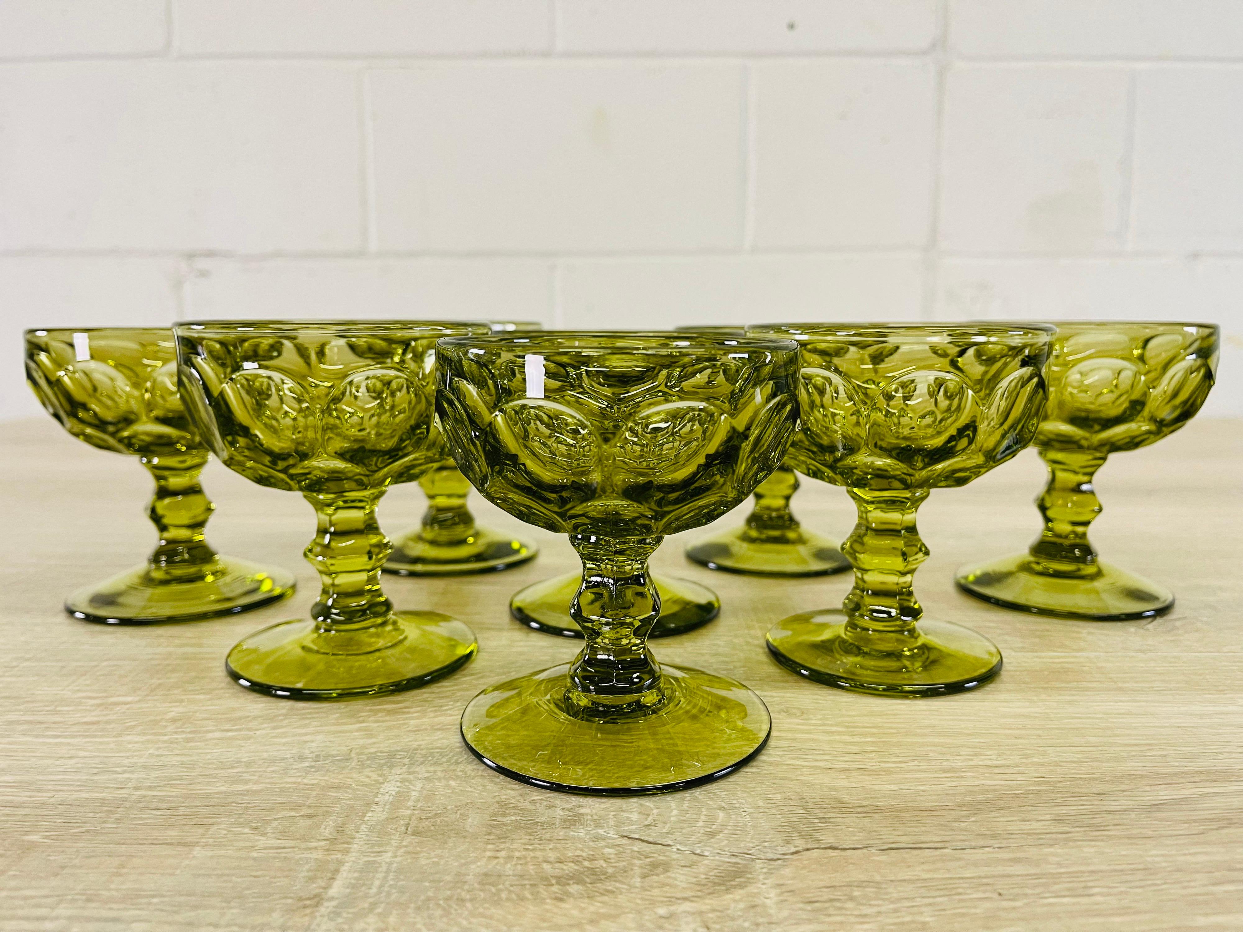 Mid-Century Modern 1960s Green Thumbprint Glass Coupes, Set of 8