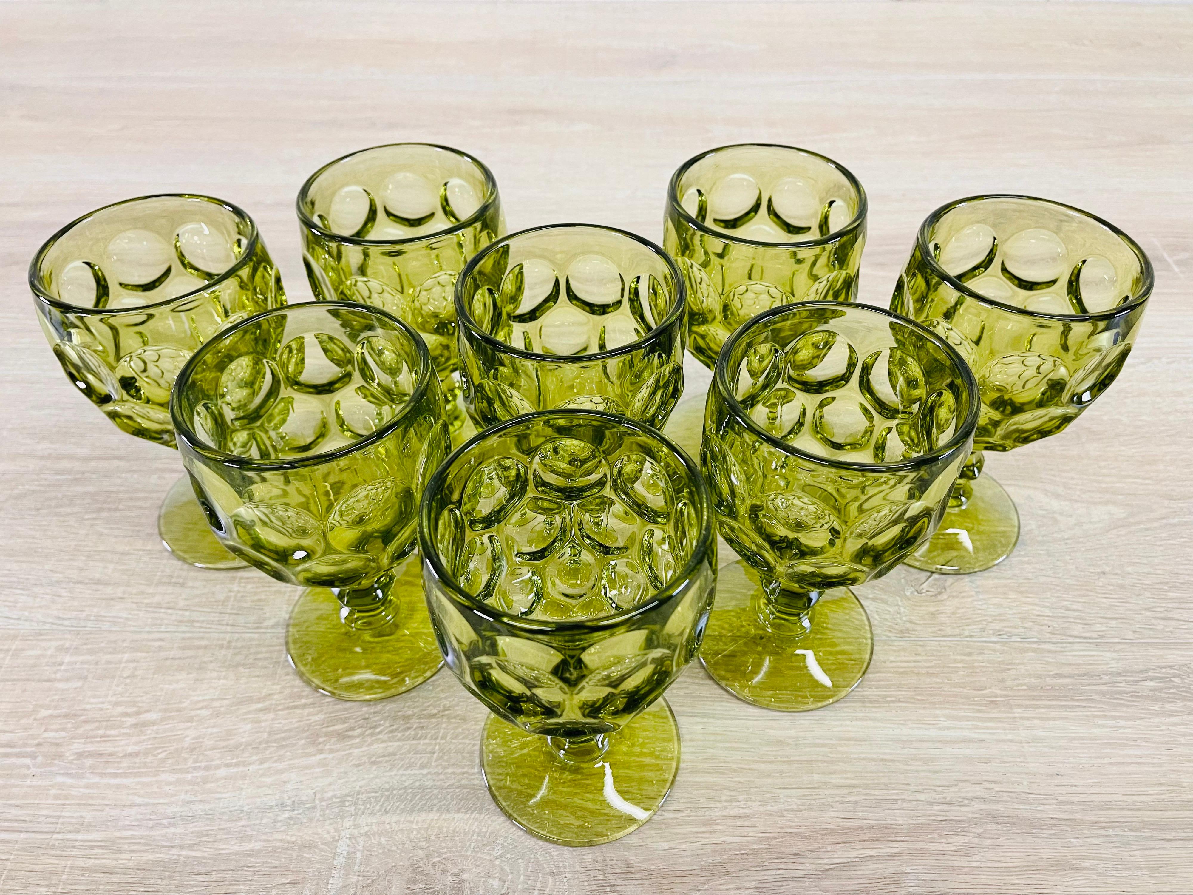 Mid-Century Modern 1960s Green Thumbprint Glass Stems, Set of 8
