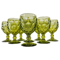 Vintage 1960s Green Thumbprint Glass Stems, Set of 8