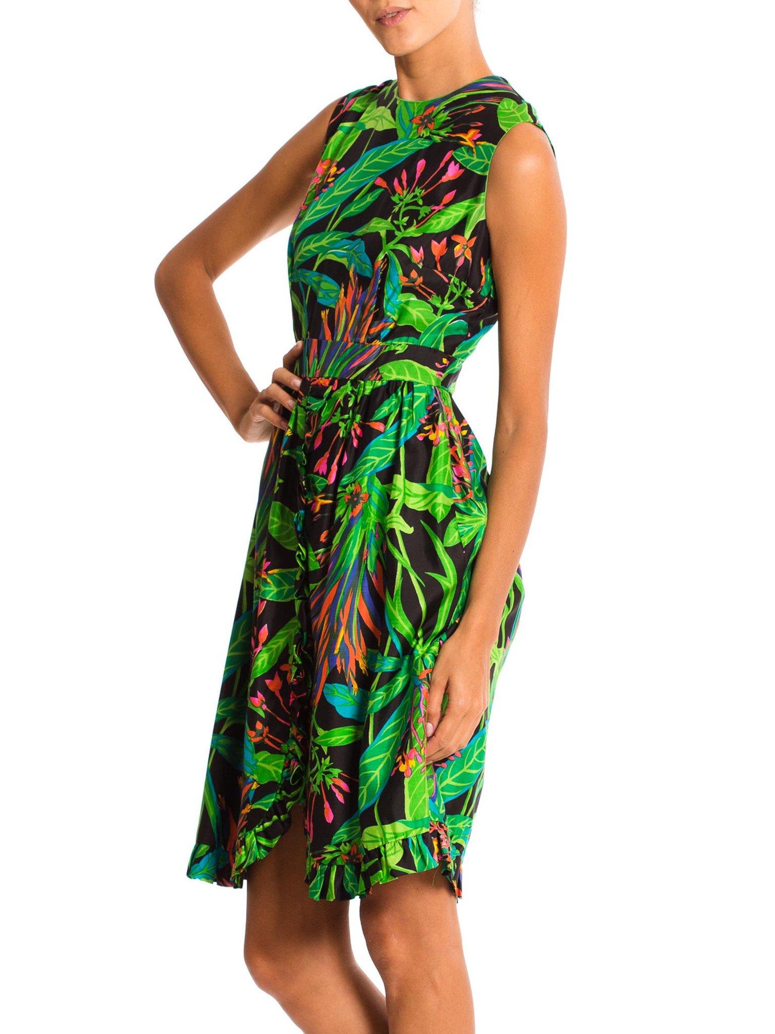 1960'S Green Tropical Silk Dress For Sale 1