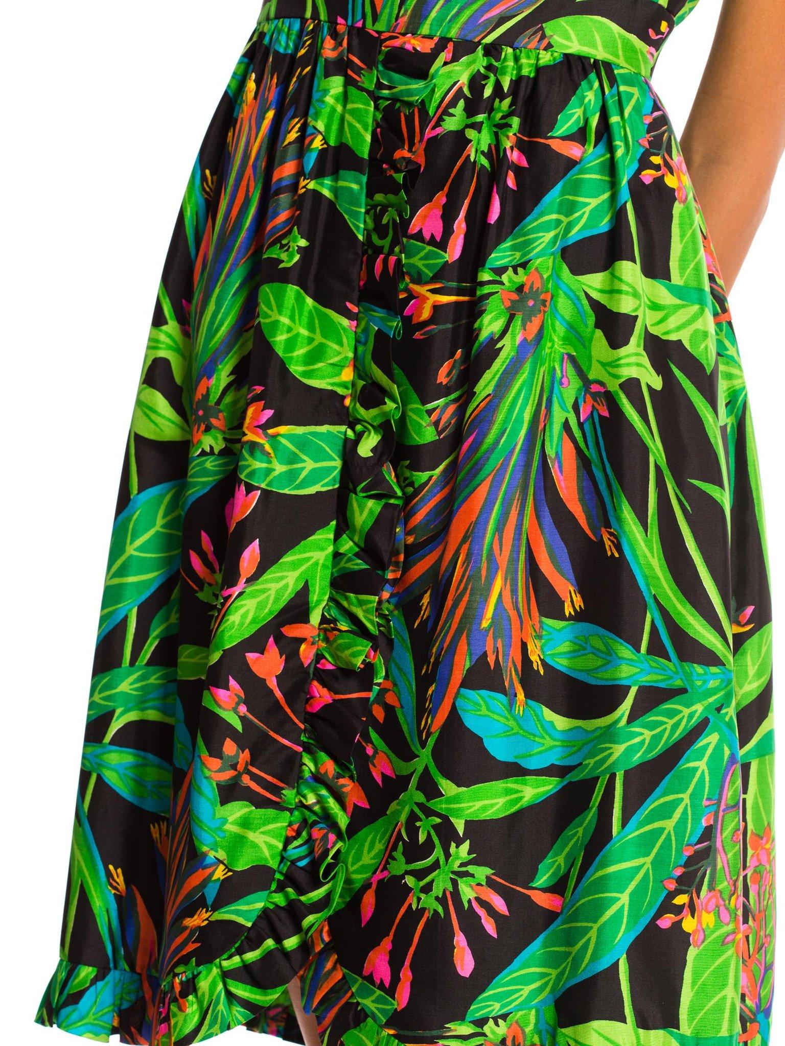 1960'S Green Tropical Silk Dress For Sale 4