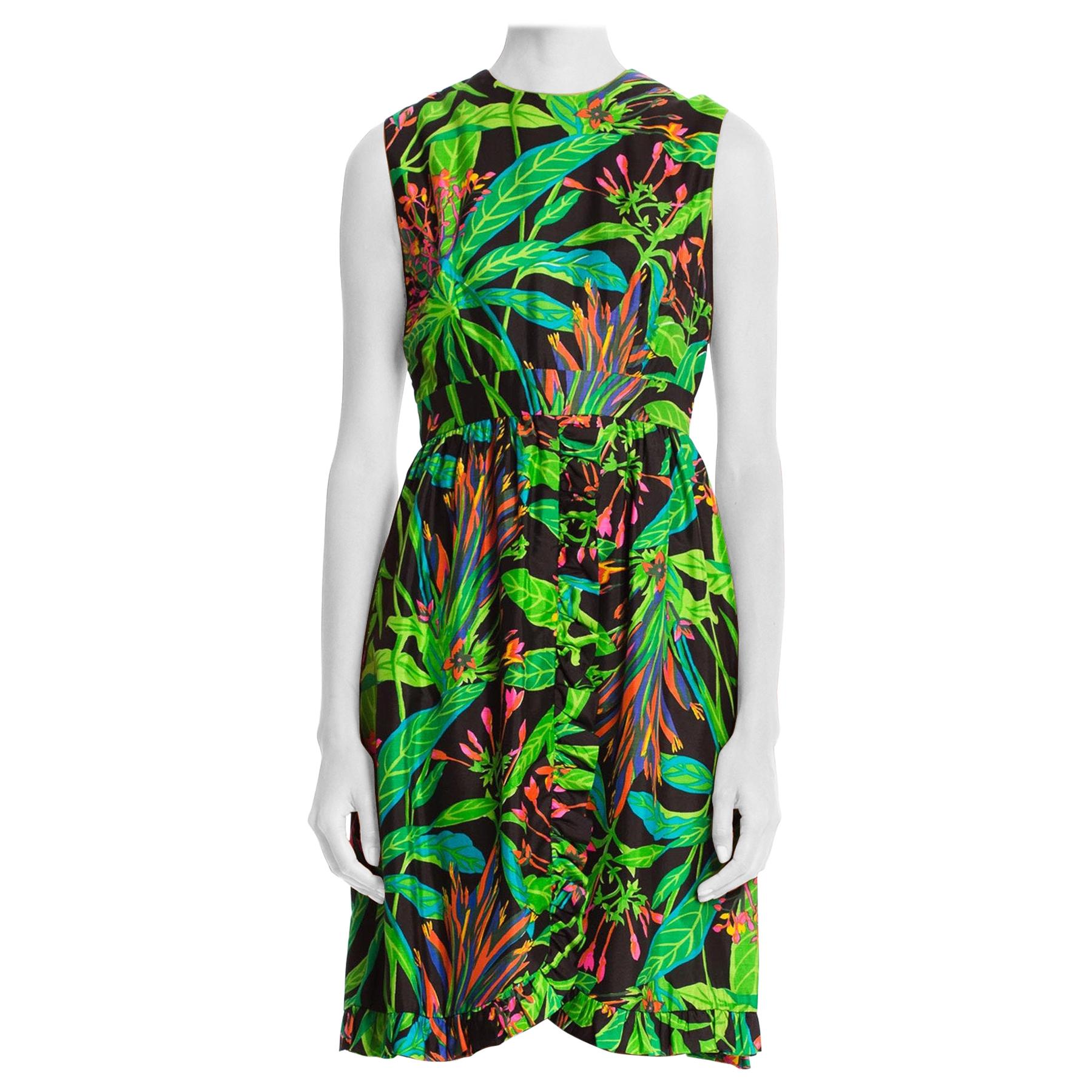 1960'S Green Tropical Silk Dress For Sale