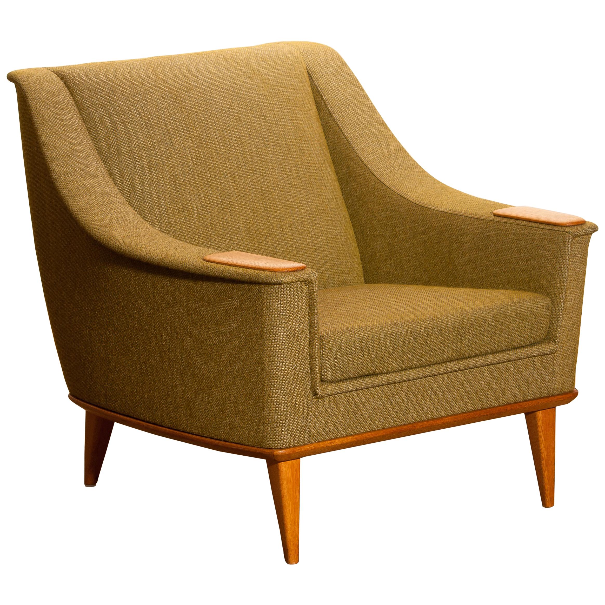 Fabric 1960s, Green Upholstered Oak Lounge / Easy Chair, Folke Ohlsson for DUX, Sweden