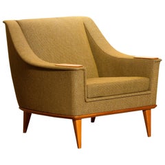 1960s, Green Upholstered Oak Lounge / Easy Chair, Folke Ohlsson for DUX, Sweden