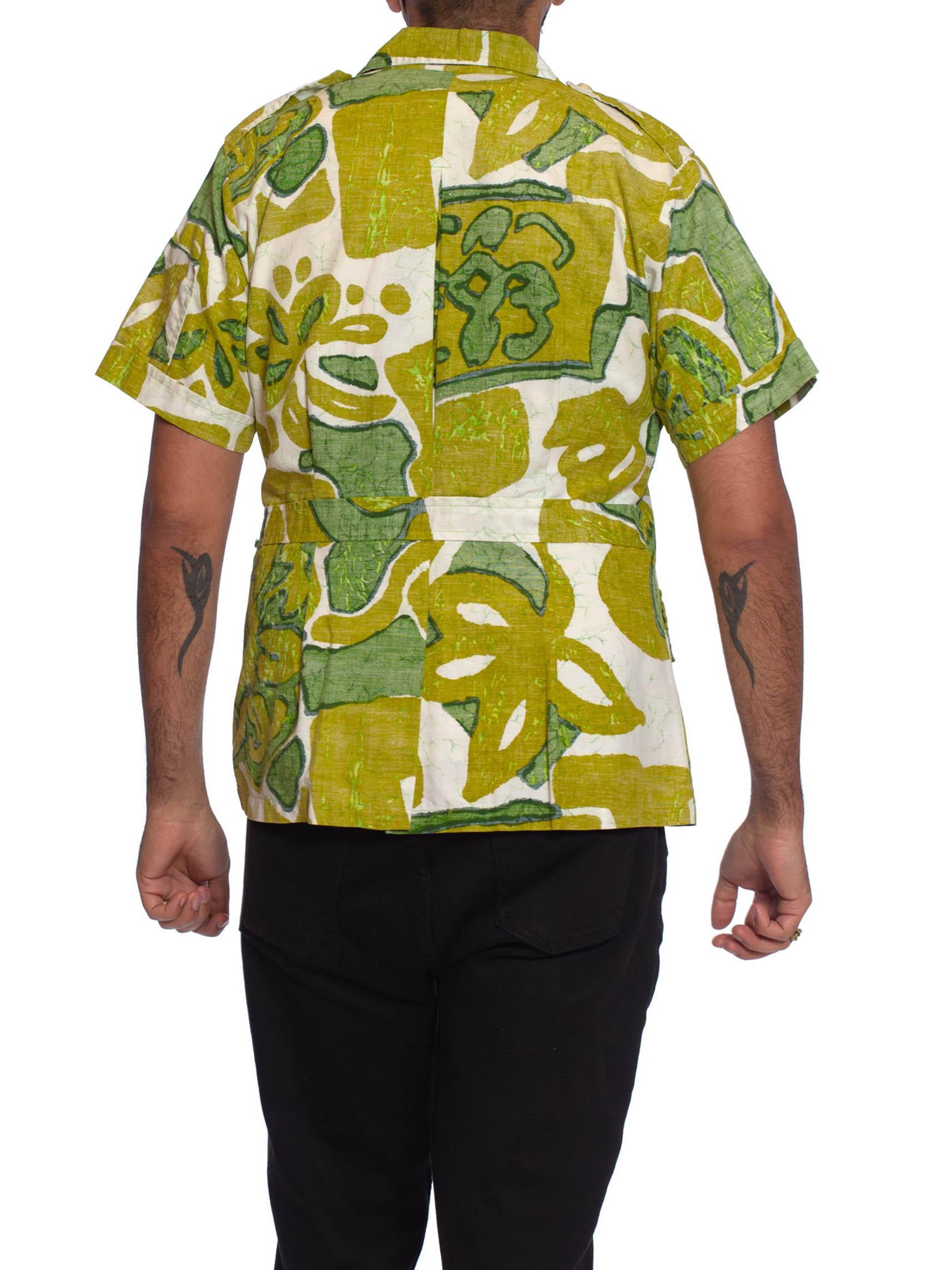 1960S Green & White Cotton Mens Tropical Safari Shirt Made In Hawaii 3