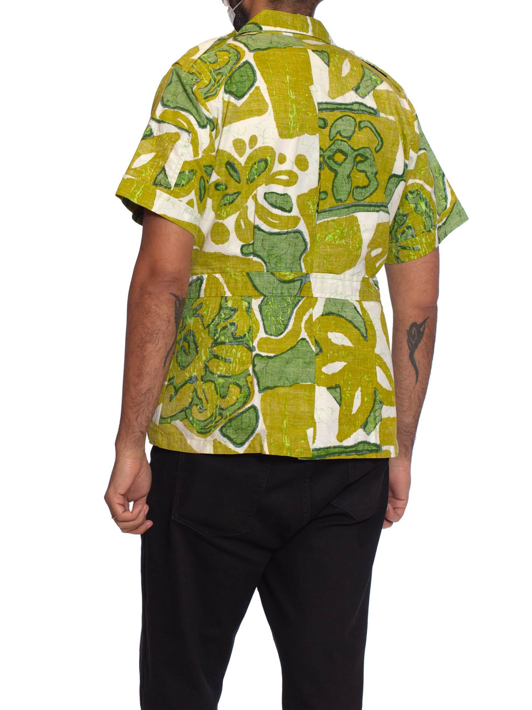 Brown 1960S Green & White Cotton Mens Tropical Safari Shirt Made In Hawaii