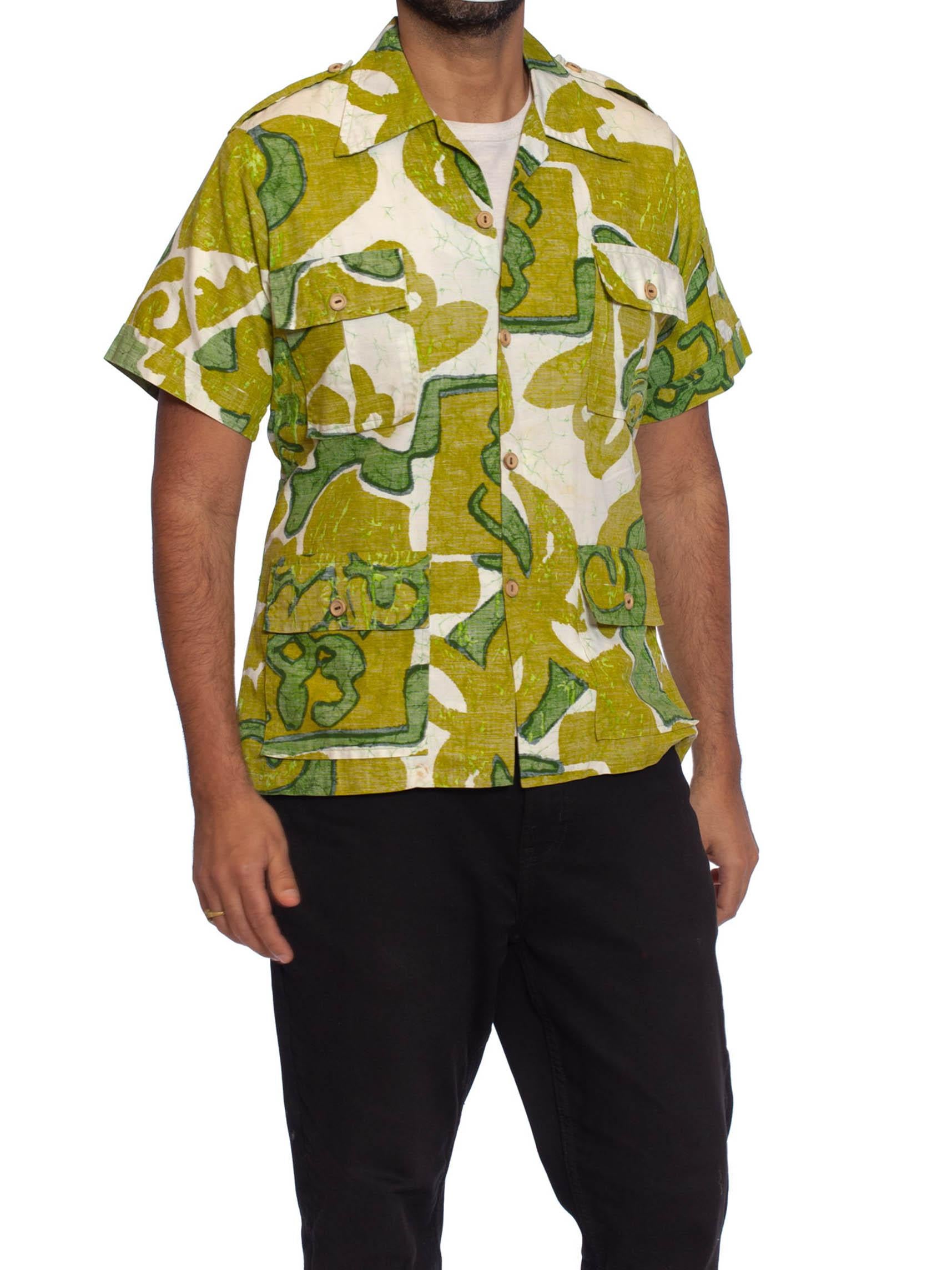 Men's 1960S Green & White Cotton Mens Tropical Safari Shirt Made In Hawaii