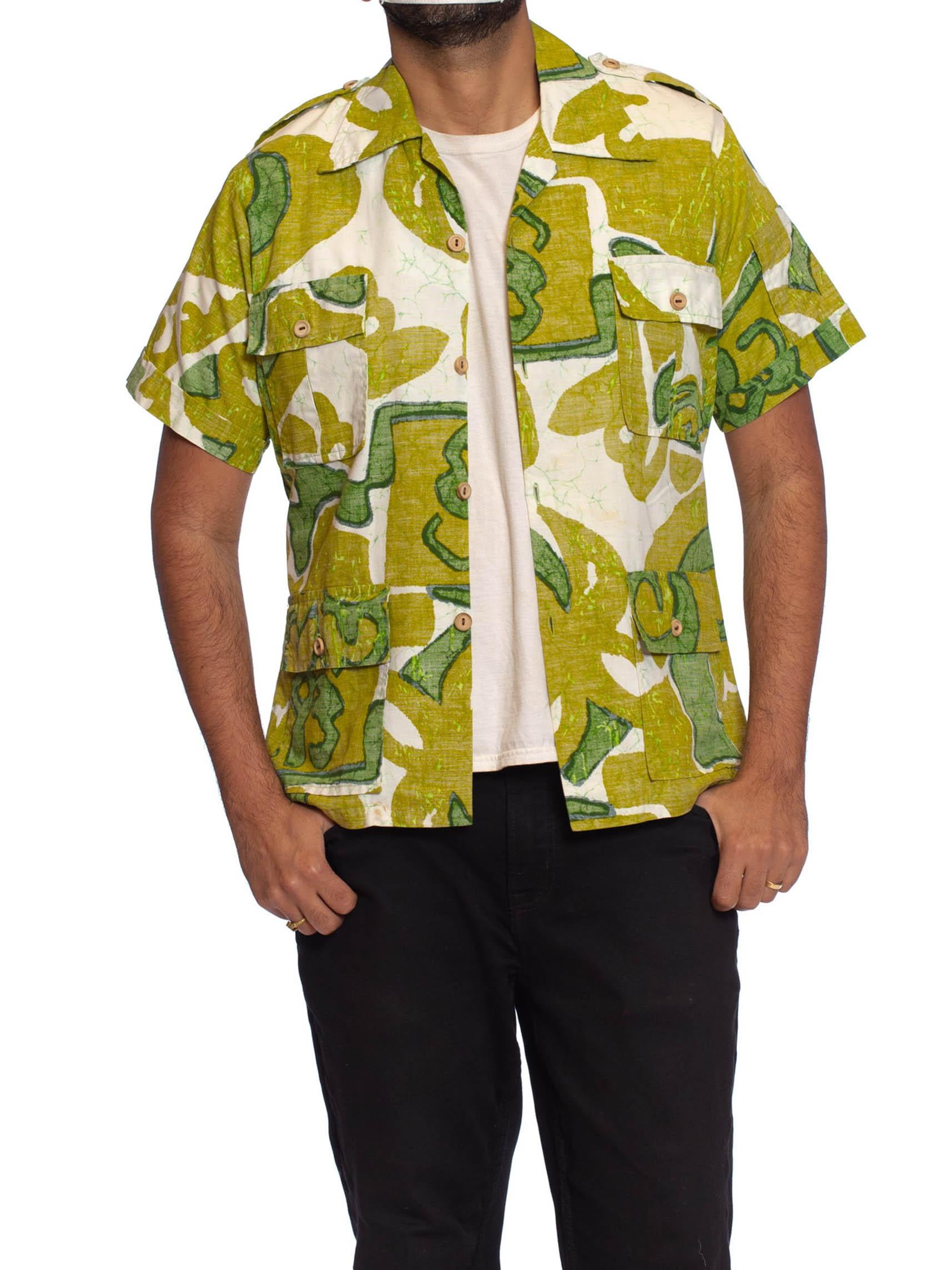 1960S Green & White Cotton Mens Tropical Safari Shirt Made In Hawaii 1