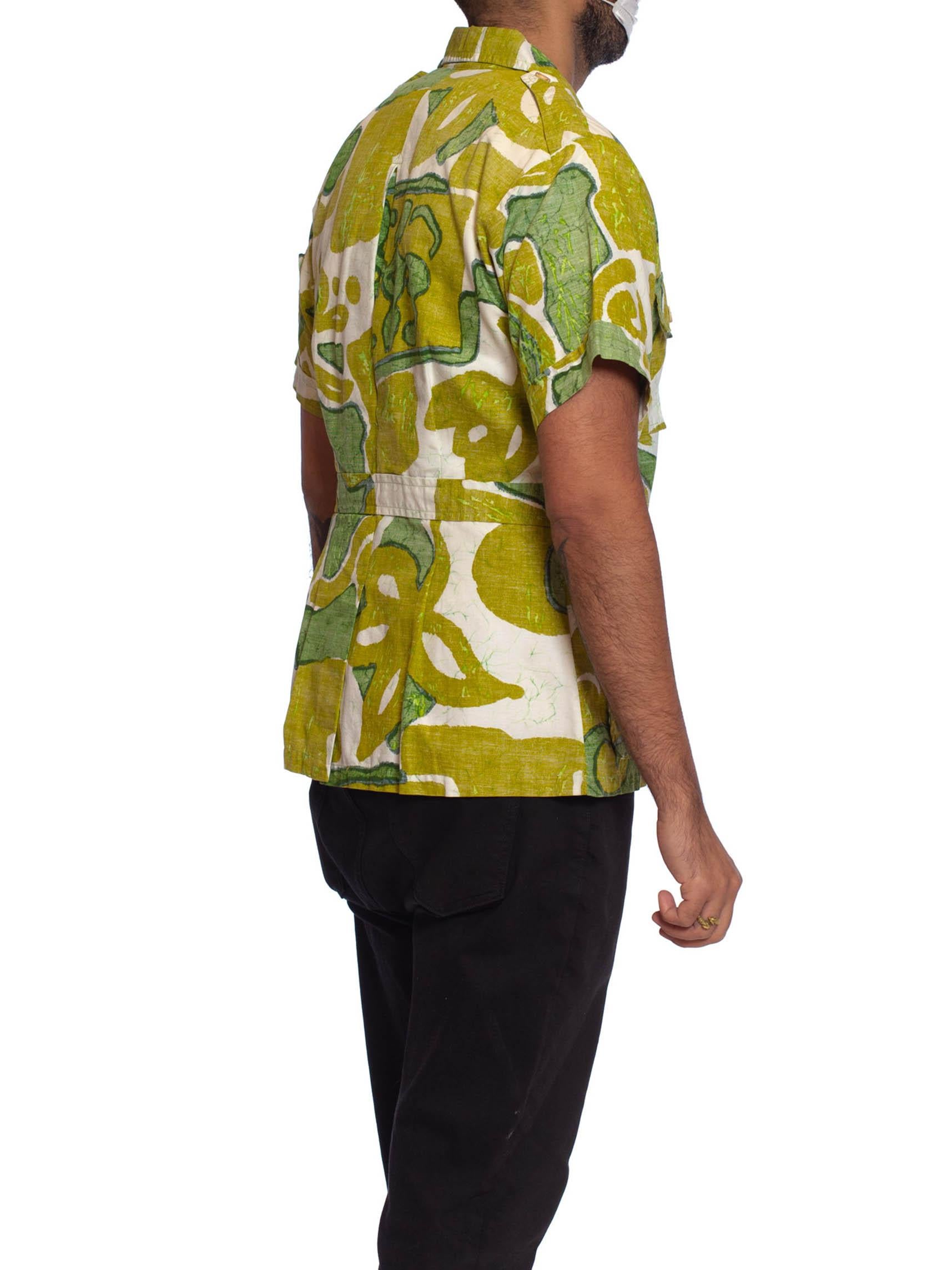 1960S Green & White Cotton Mens Tropical Safari Shirt Made In Hawaii 2