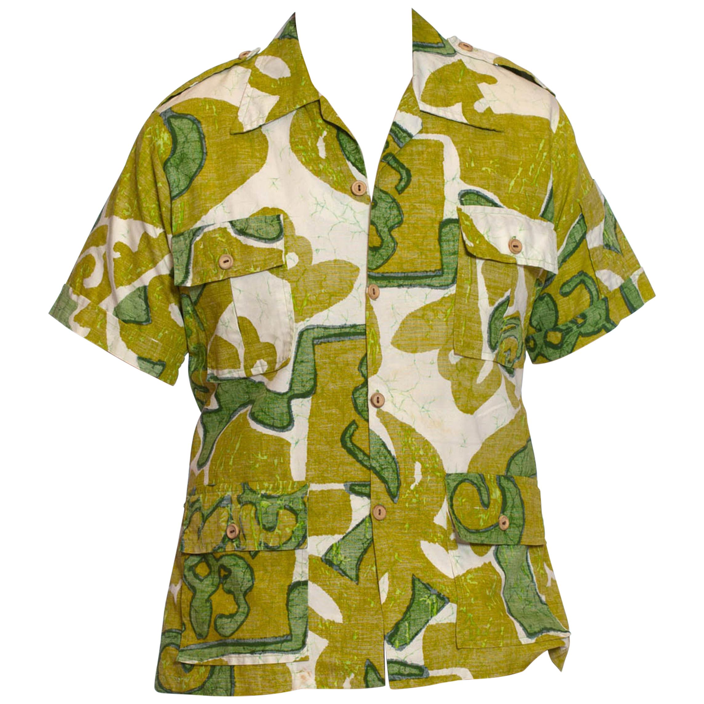 1960S Green & White Cotton Mens Tropical Safari Shirt Made In Hawaii