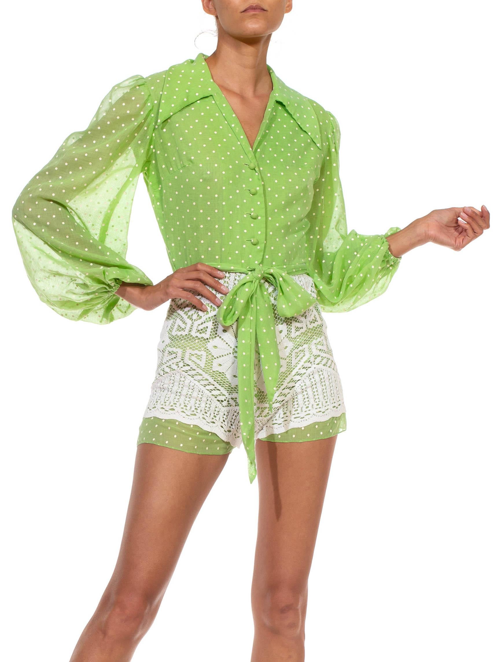 1960S Green & White Cotton Polka Dot Lace Skirt Romper For Sale 3