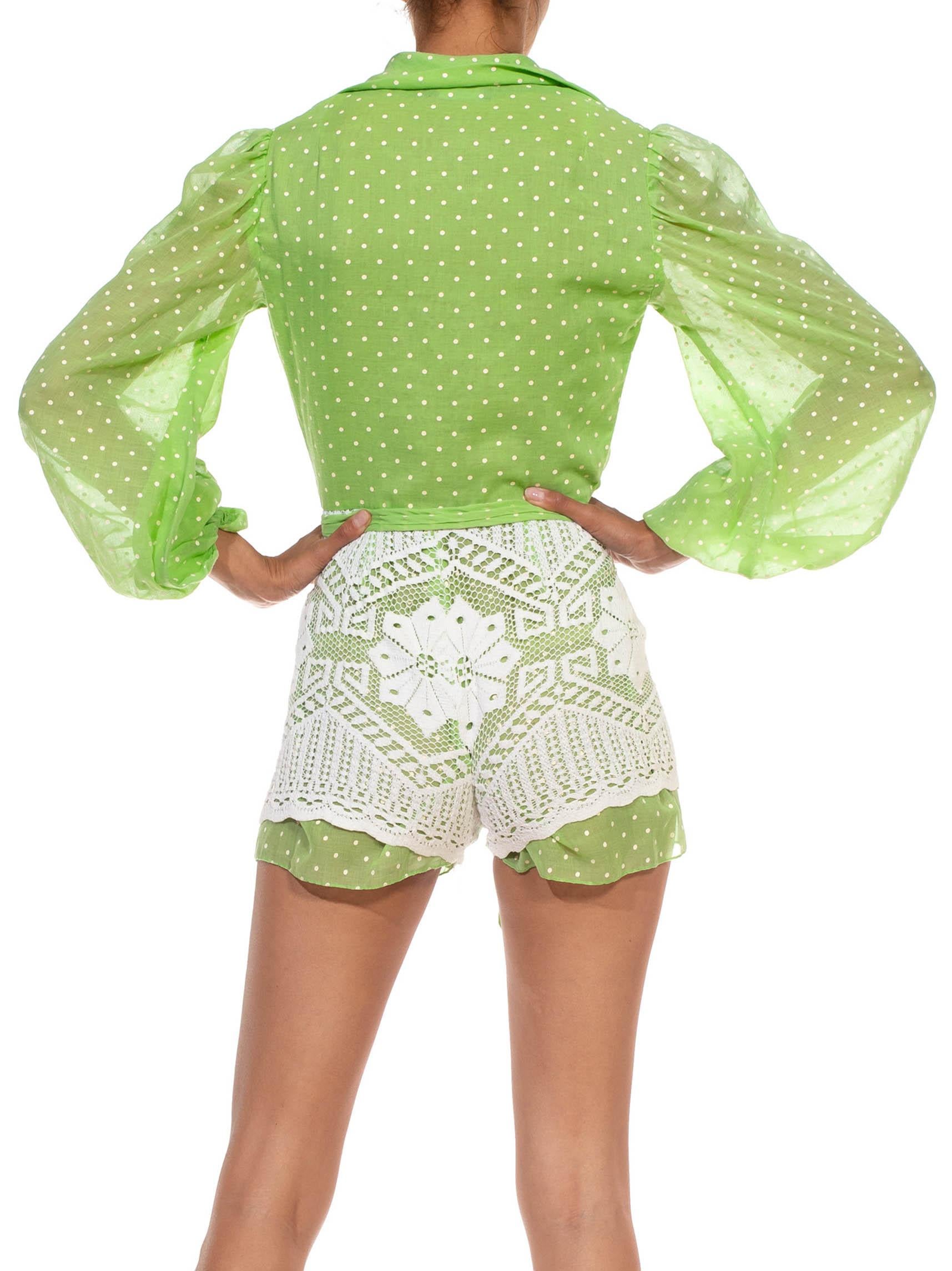 1960S Green & White Cotton Polka Dot Lace Skirt Romper For Sale 4