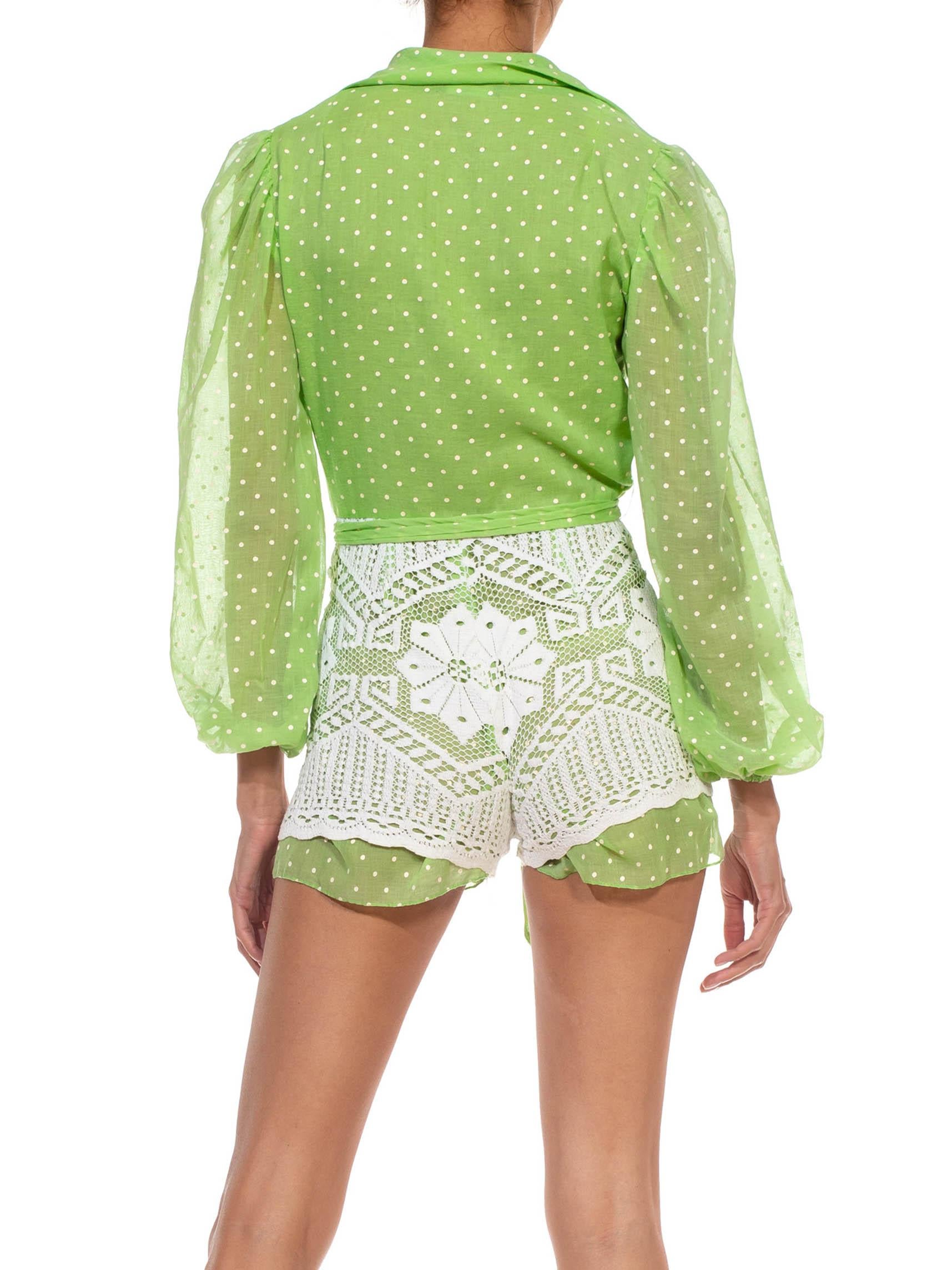 1960S Green & White Cotton Polka Dot Lace Skirt Romper For Sale 5