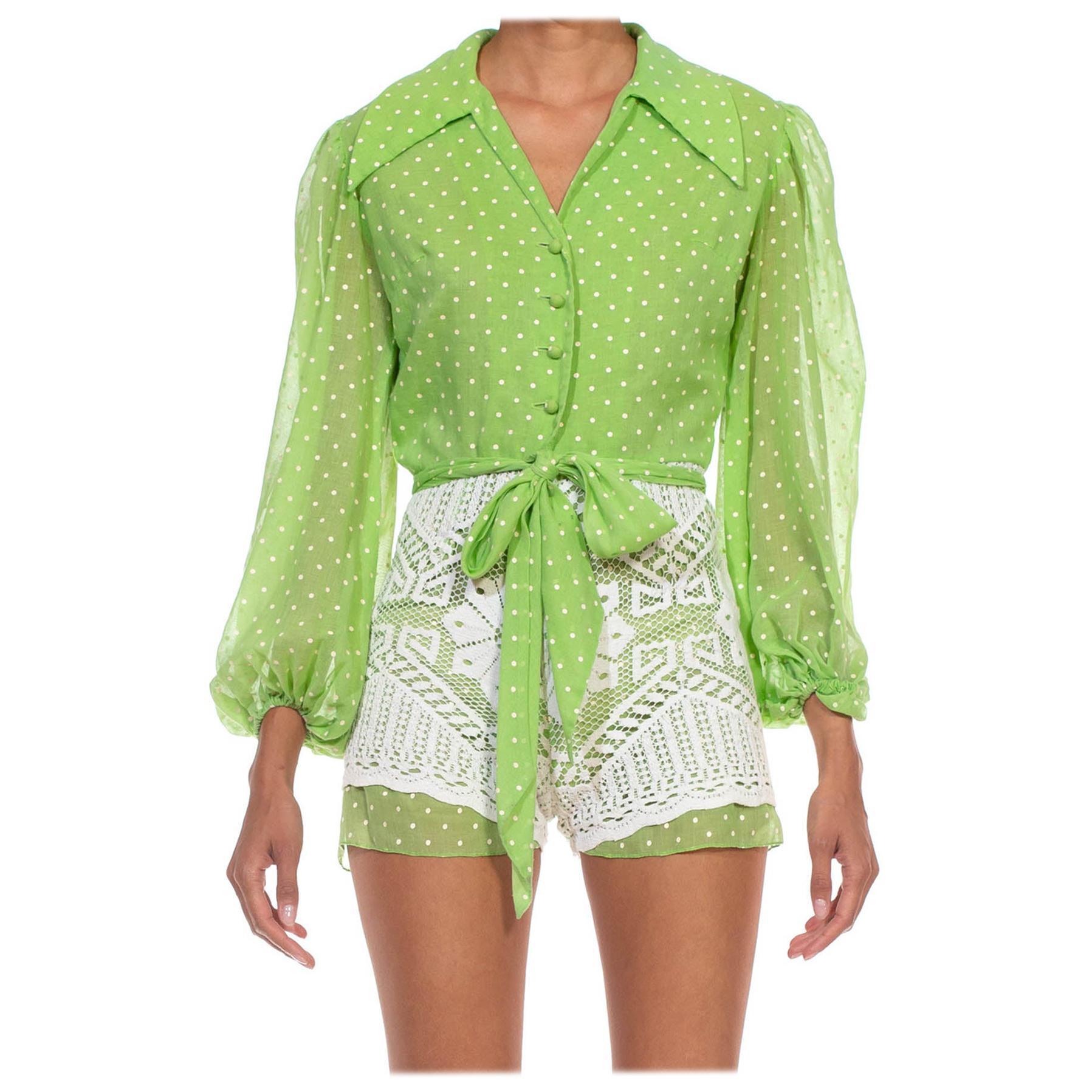1960S Green & White Cotton Polka Dot Lace Skirt Romper For Sale