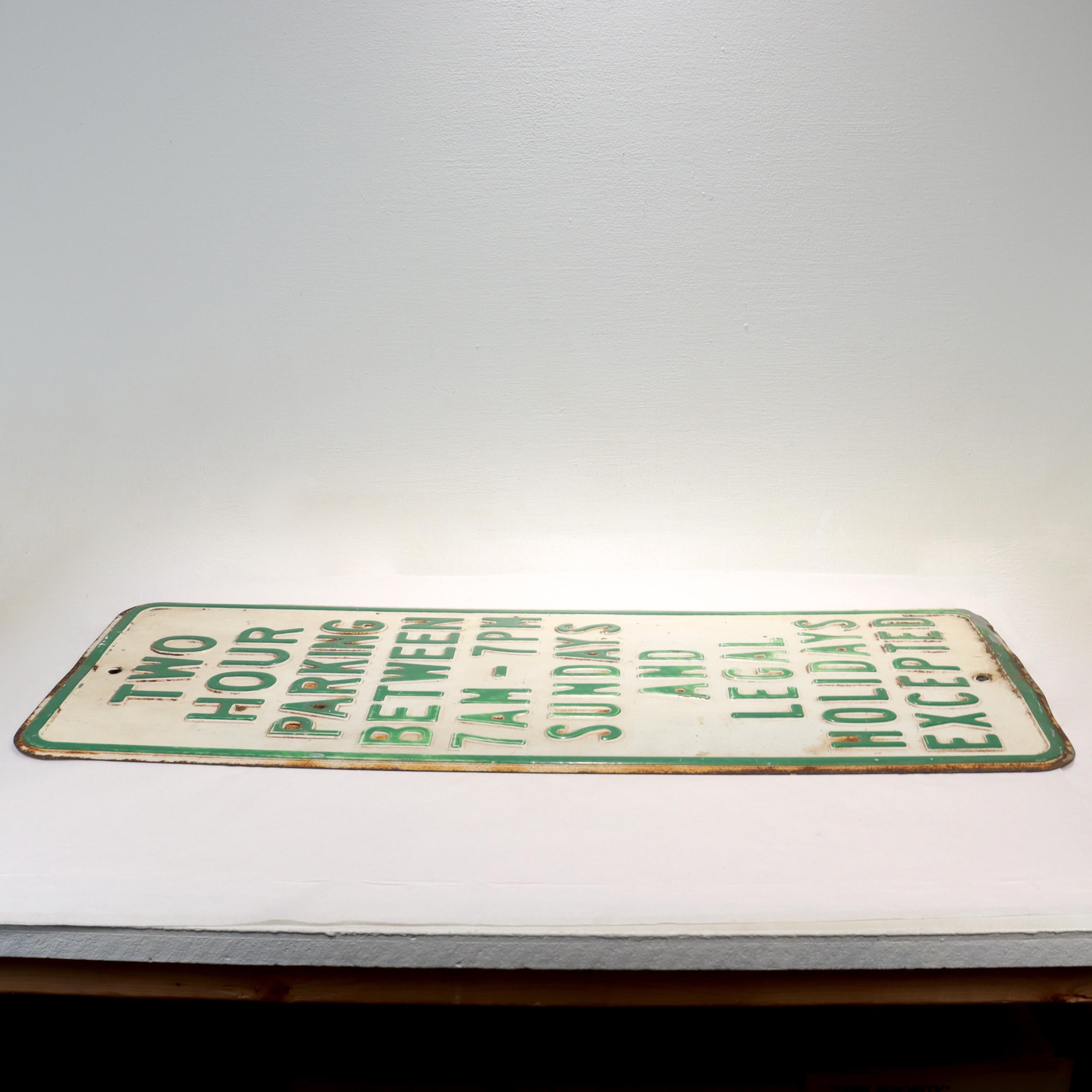 American 1960s, Green & White Painted Steel 'Two Hour Parking' Street Sign  For Sale