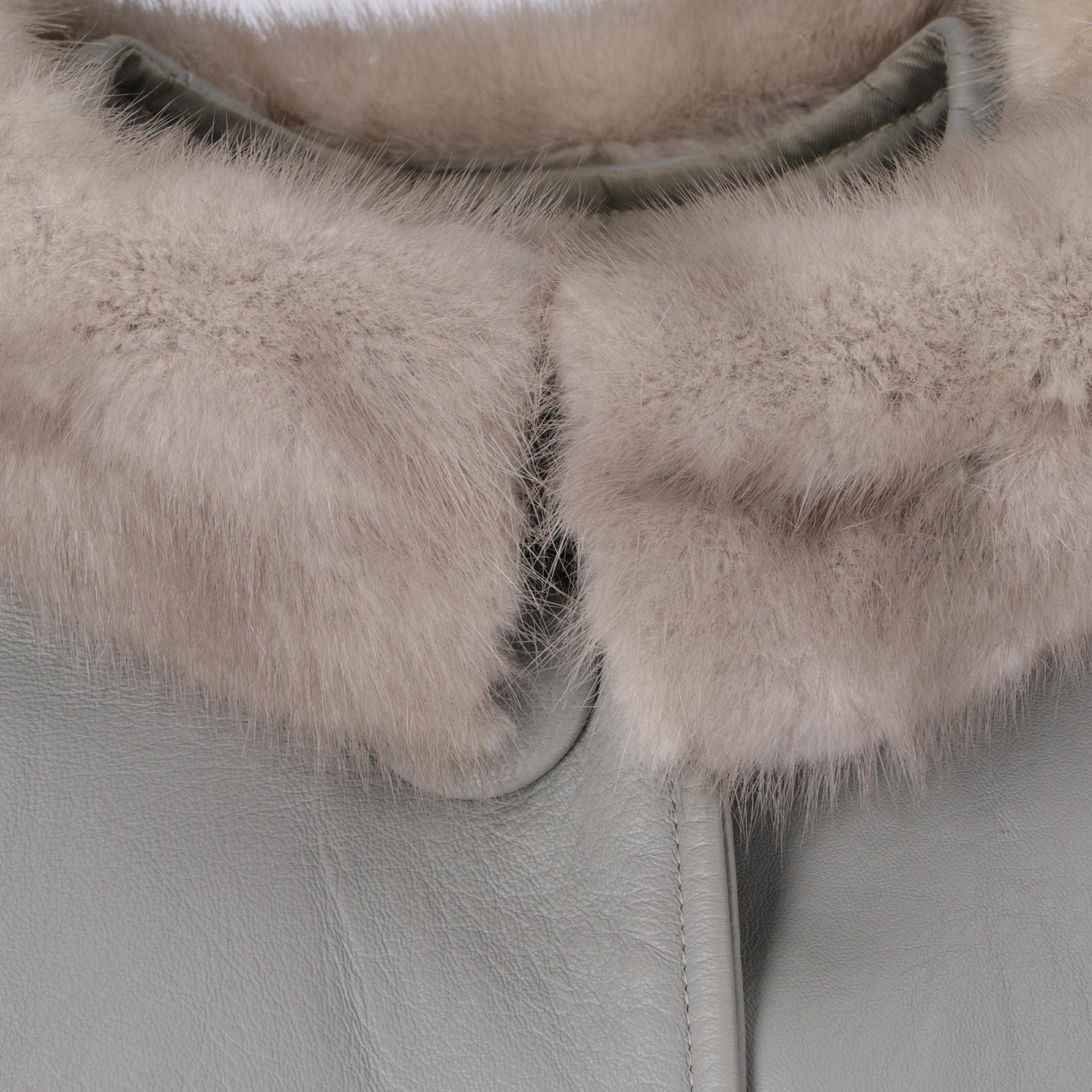Gray 1960s Grey Leather Coat With Mink Fur For Sale