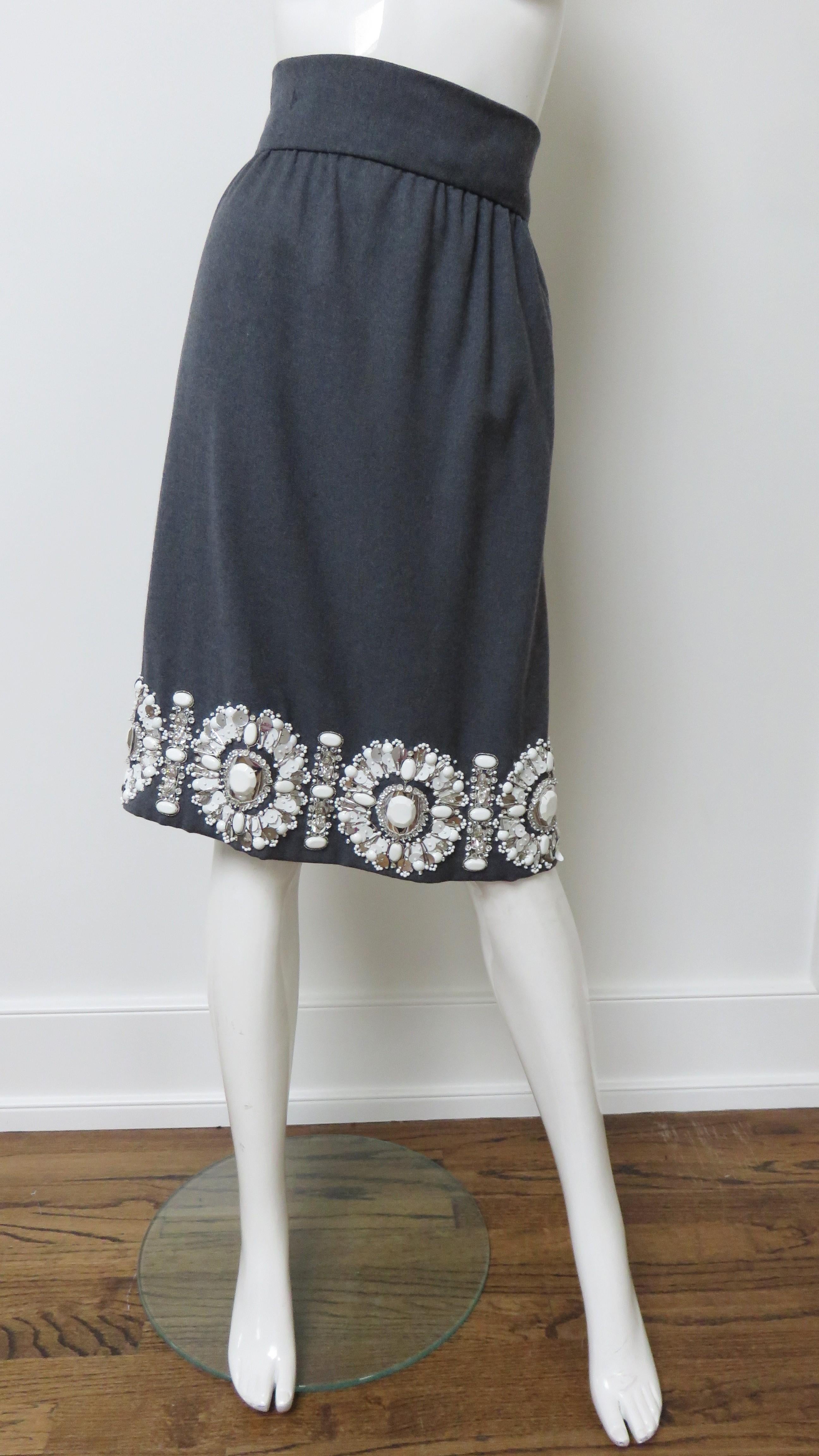 1960s Grey Skirt with Elaborate Bead Trim In Good Condition For Sale In Water Mill, NY