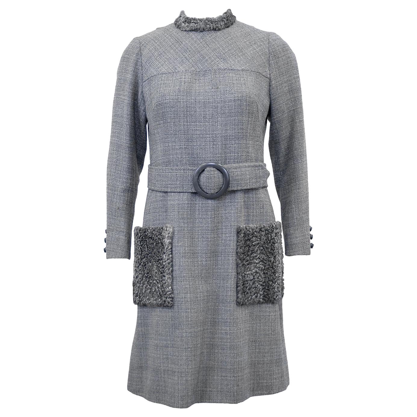 1960s Grey Wool Weave Shift Dress with Persian Lamb Details