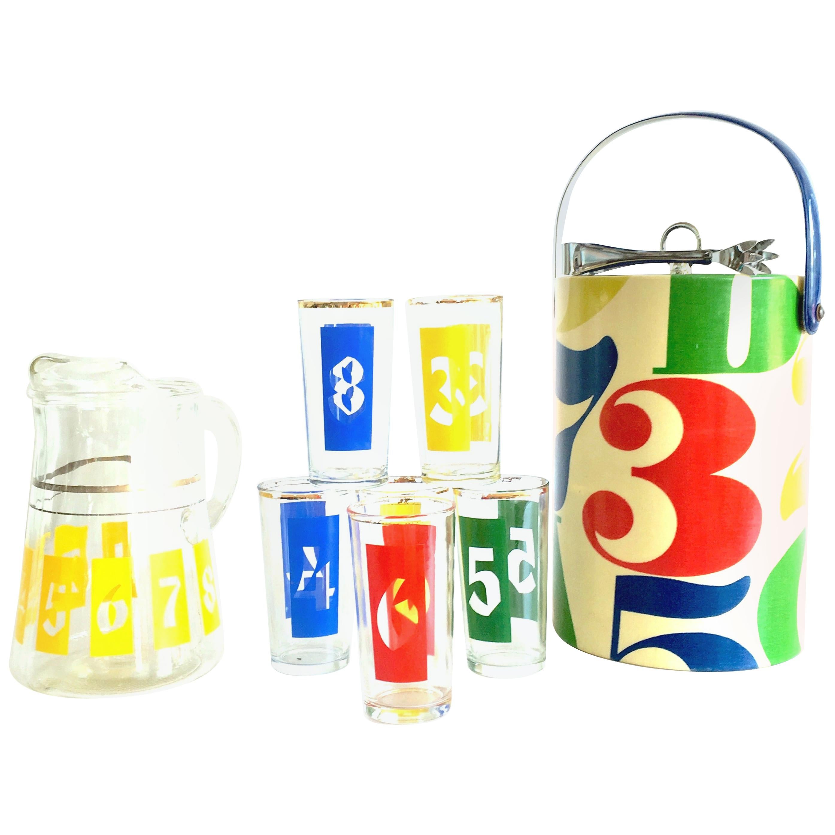 1960s Groovy Graphic "Numbers" Printed Glass Bar Set of 10