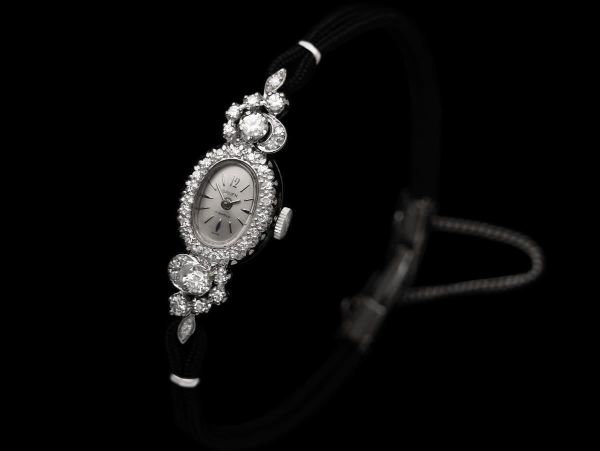 1960's Gruen Vintage Ladies Cocktail Watch - 14K White Gold & Diamonds In Good Condition For Sale In Suwanee, GA