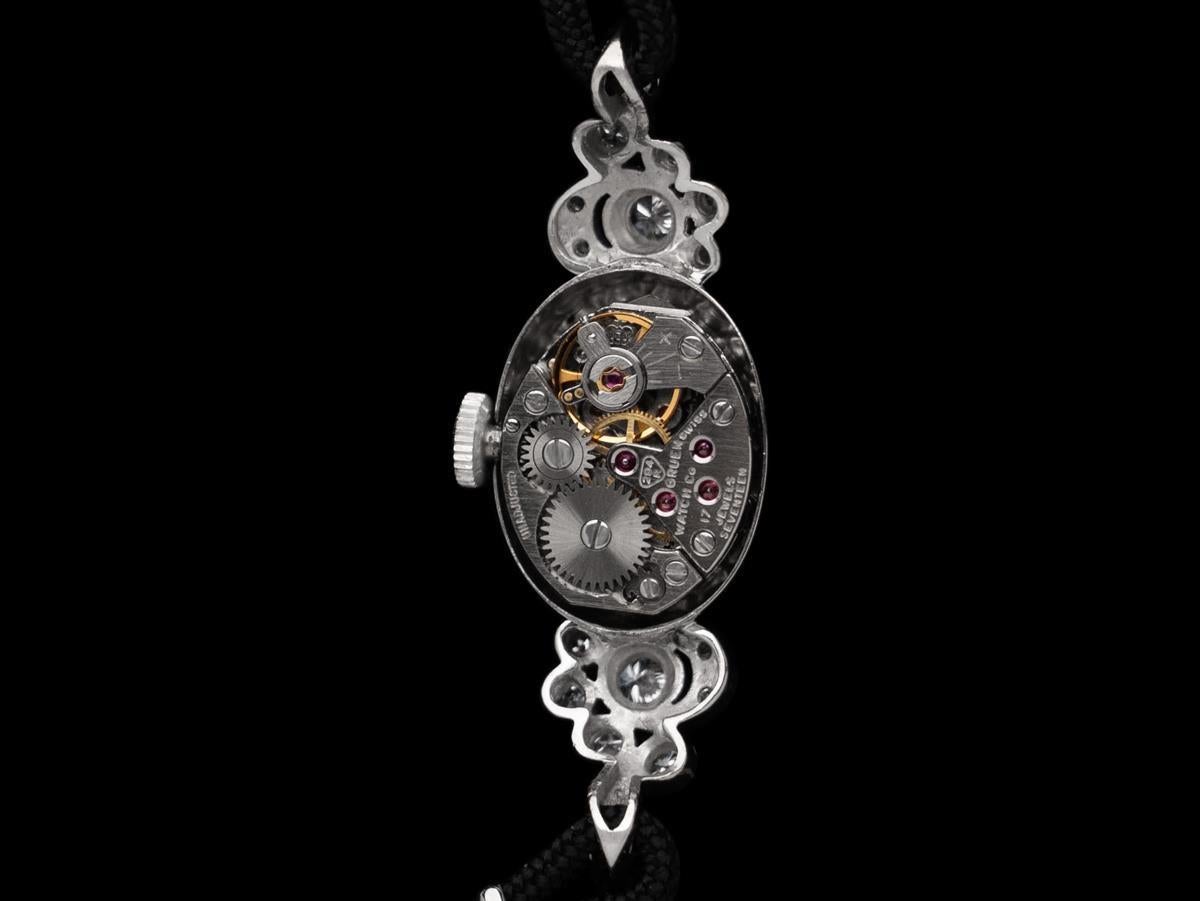 1960's Gruen Vintage Ladies Cocktail Watch - 14K White Gold & Diamonds For Sale 3