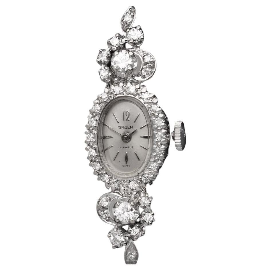 1960's Gruen Vintage Ladies Cocktail Watch - 14K White Gold & Diamonds For Sale