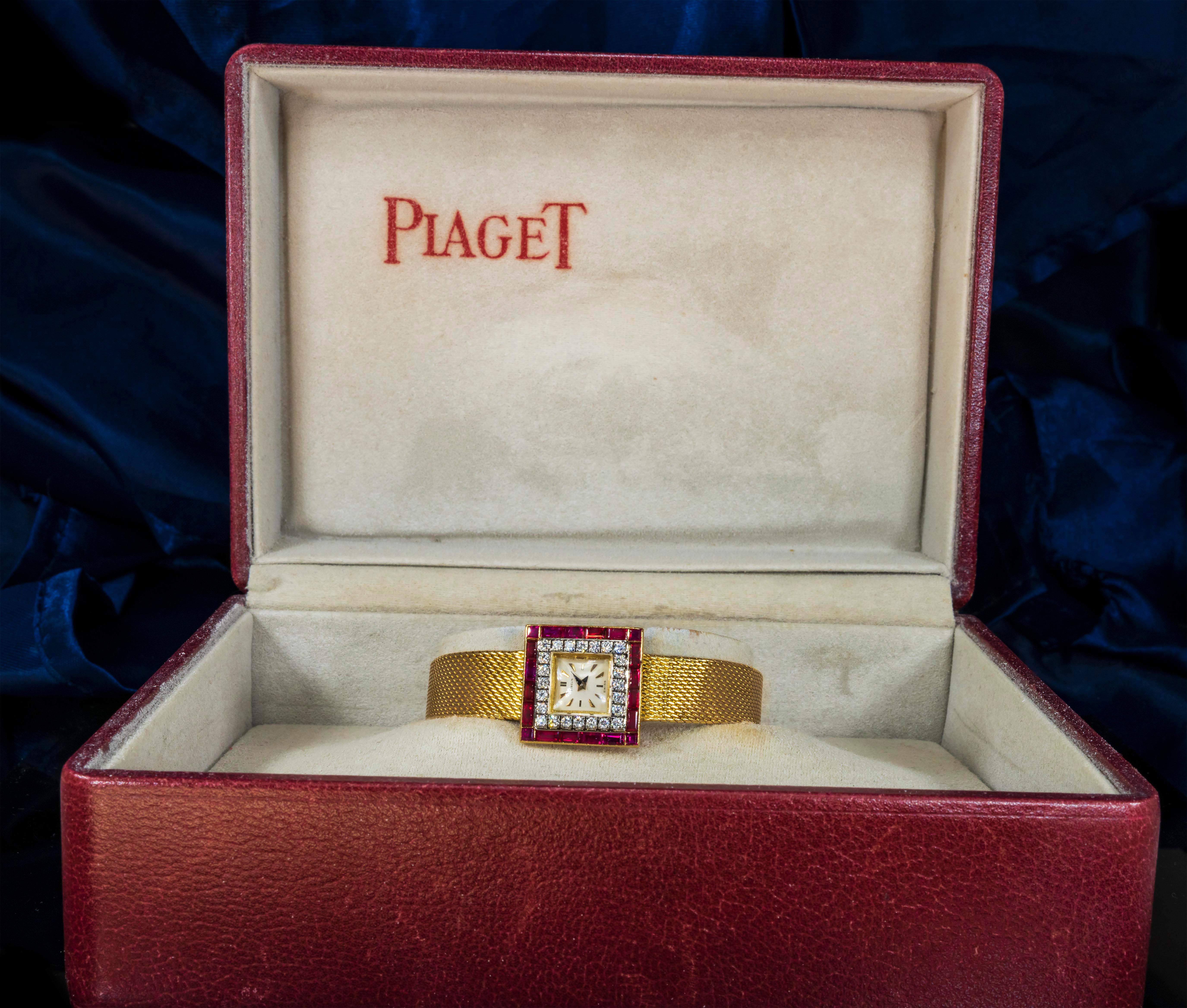 1960s Gubelin 18 Karat Yellow Gold Double-Row Diamond & Ruby Set Bracelet Watch For Sale 2