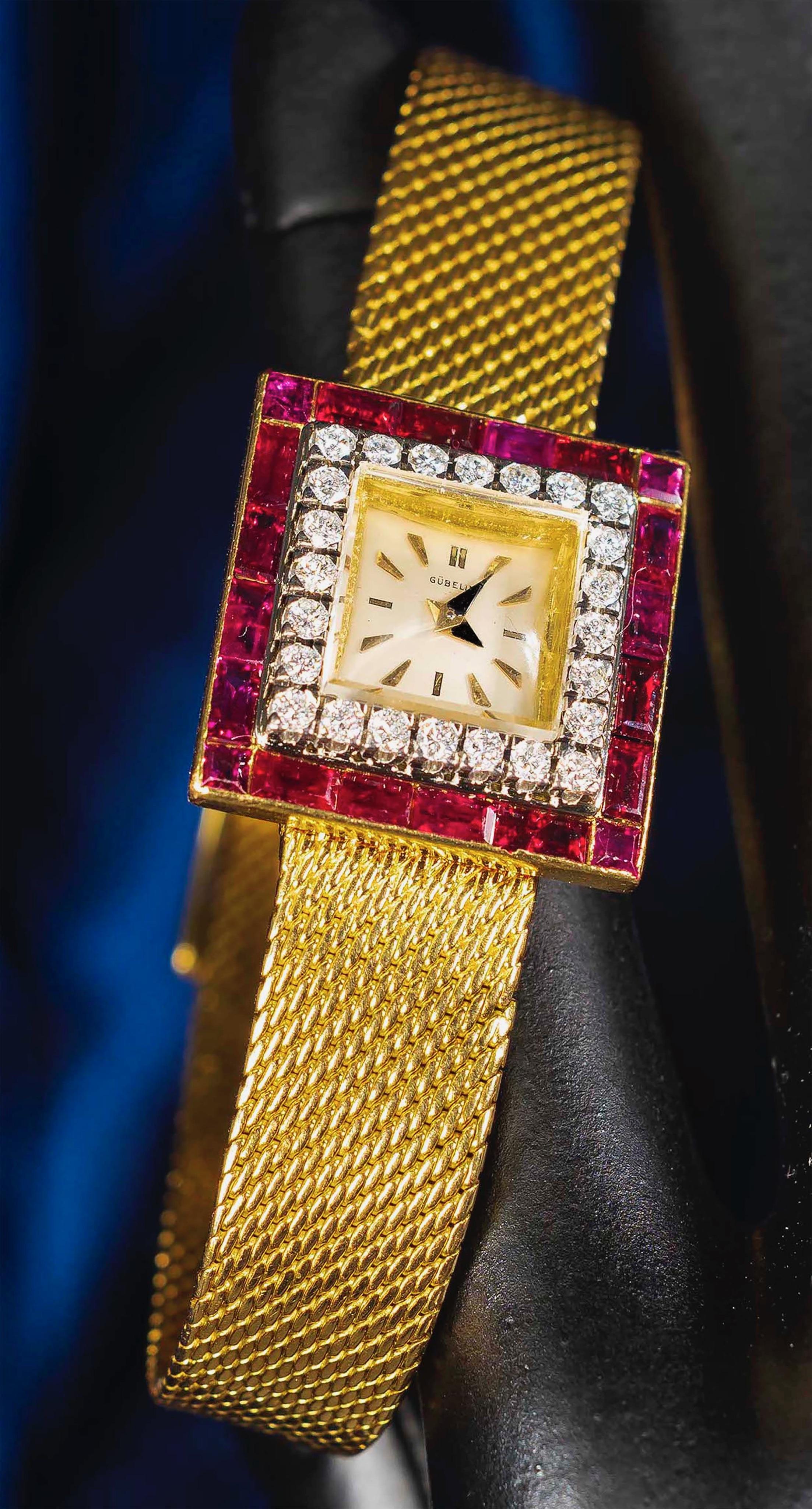 Princess Cut 1960s Gubelin 18 Karat Yellow Gold Double-Row Diamond & Ruby Set Bracelet Watch For Sale