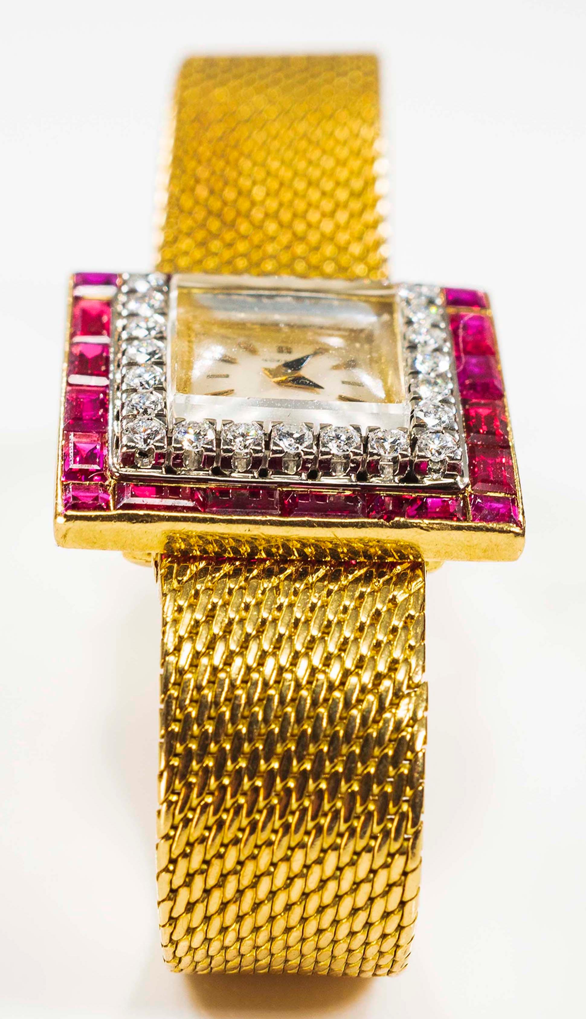 Women's or Men's 1960s Gubelin 18 Karat Yellow Gold Double-Row Diamond & Ruby Set Bracelet Watch For Sale