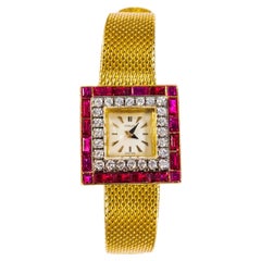 1960s Gubelin 18 Karat Yellow Gold Double-Row Diamond & Ruby Set Bracelet Watch