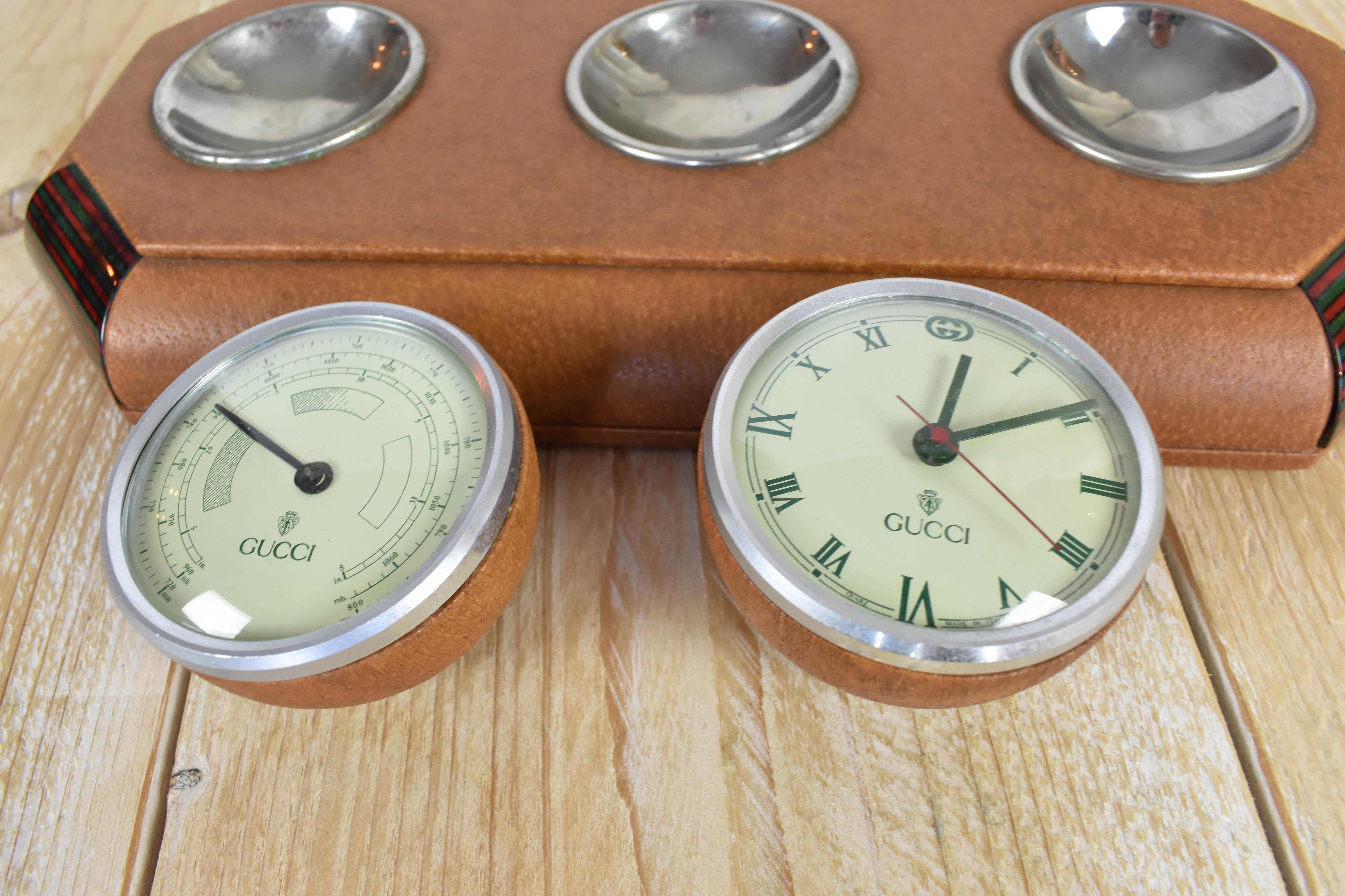 Leather FINAL SALE 1960s Gucci Desk Clock and Barometer Set For Sale