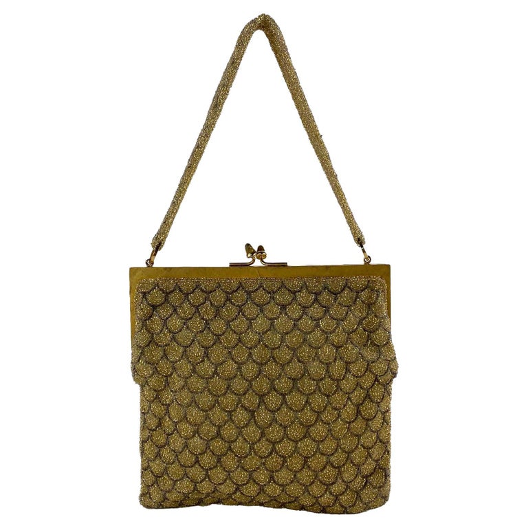 1960s Gucci Gold Grey Scallop Beaded Kiss Lock Mini Bag at  display picture 3