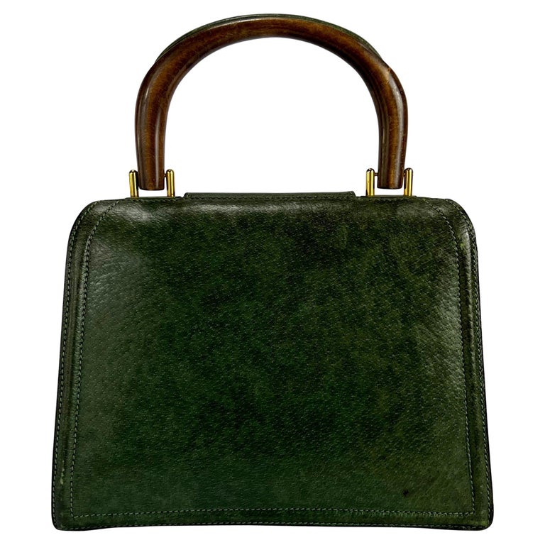 Women's 1960s Gucci Green Boarskin Leather Wooden Large Top Handle Bag For Sale