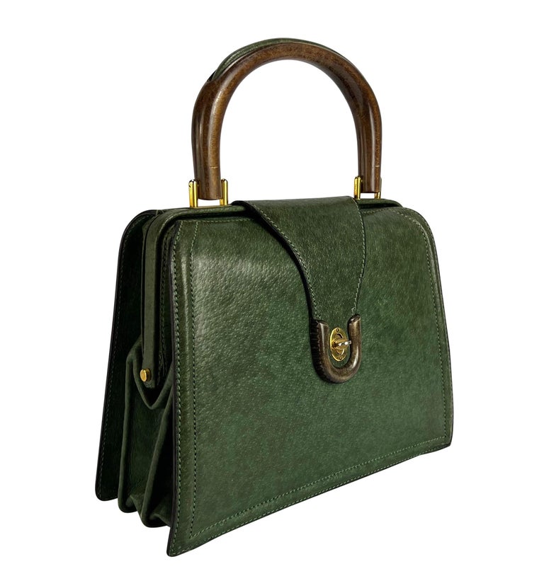 1960s Gucci Green Boarskin Leather Wooden Large Top Handle Bag For Sale 1