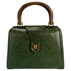 Vintage 1960s Gucci Green Boarskin Leather Wooden Large Top Handle Bag