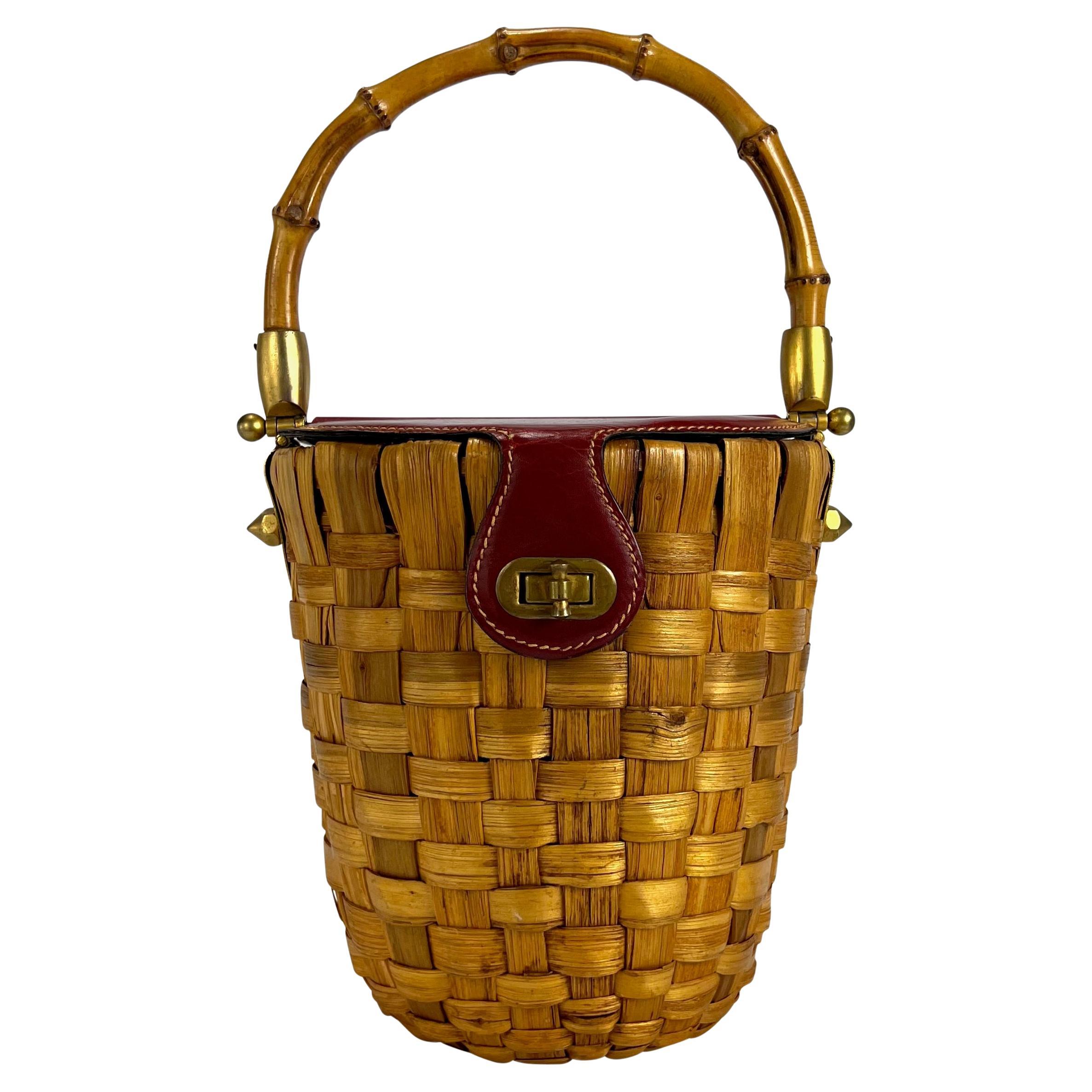 Brown 1960s Gucci Wicker Basket Bamboo Handle Bag 