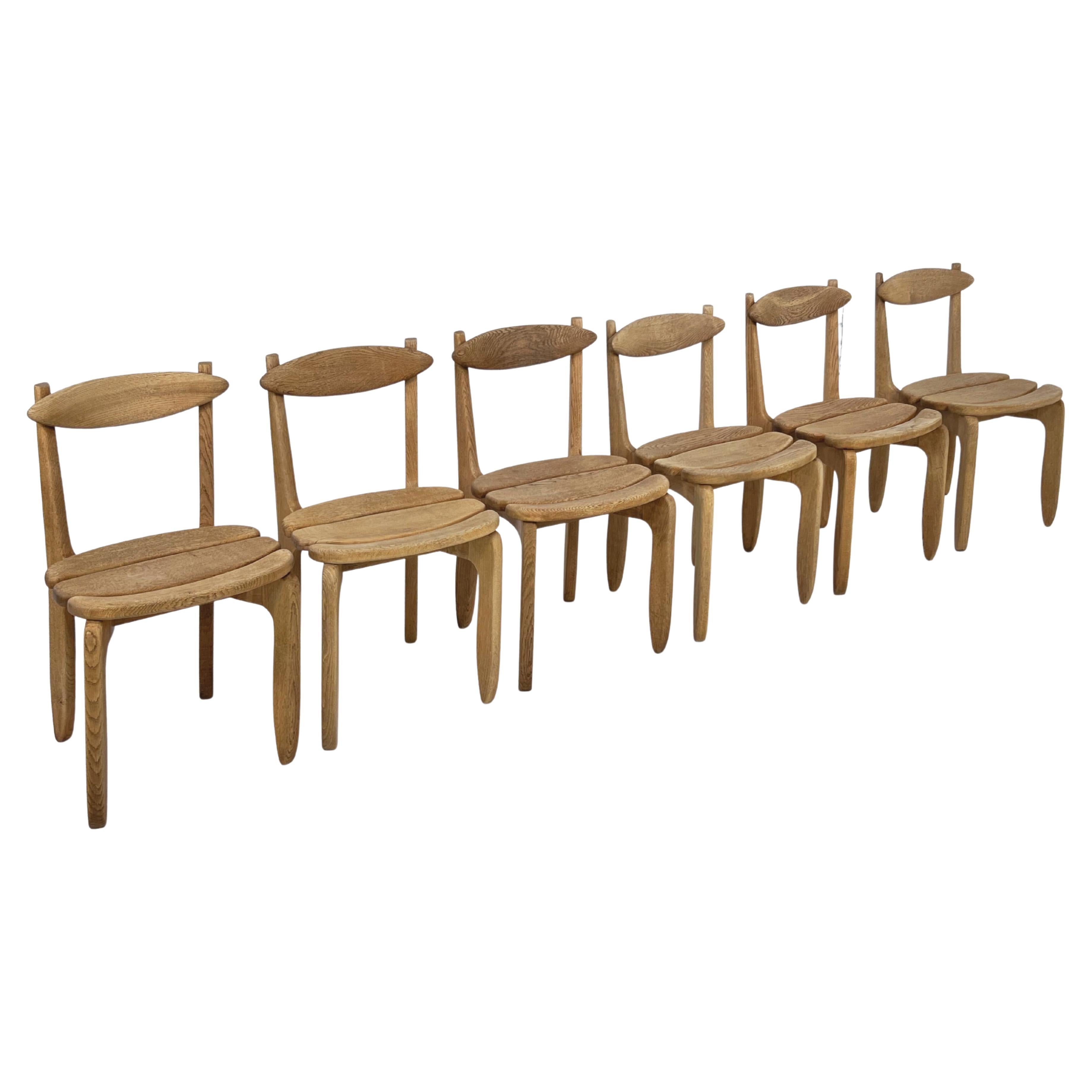 1960s Guillerme and Chambron Design Oak Wooden Set of Six Dining Chairs For Sale 5