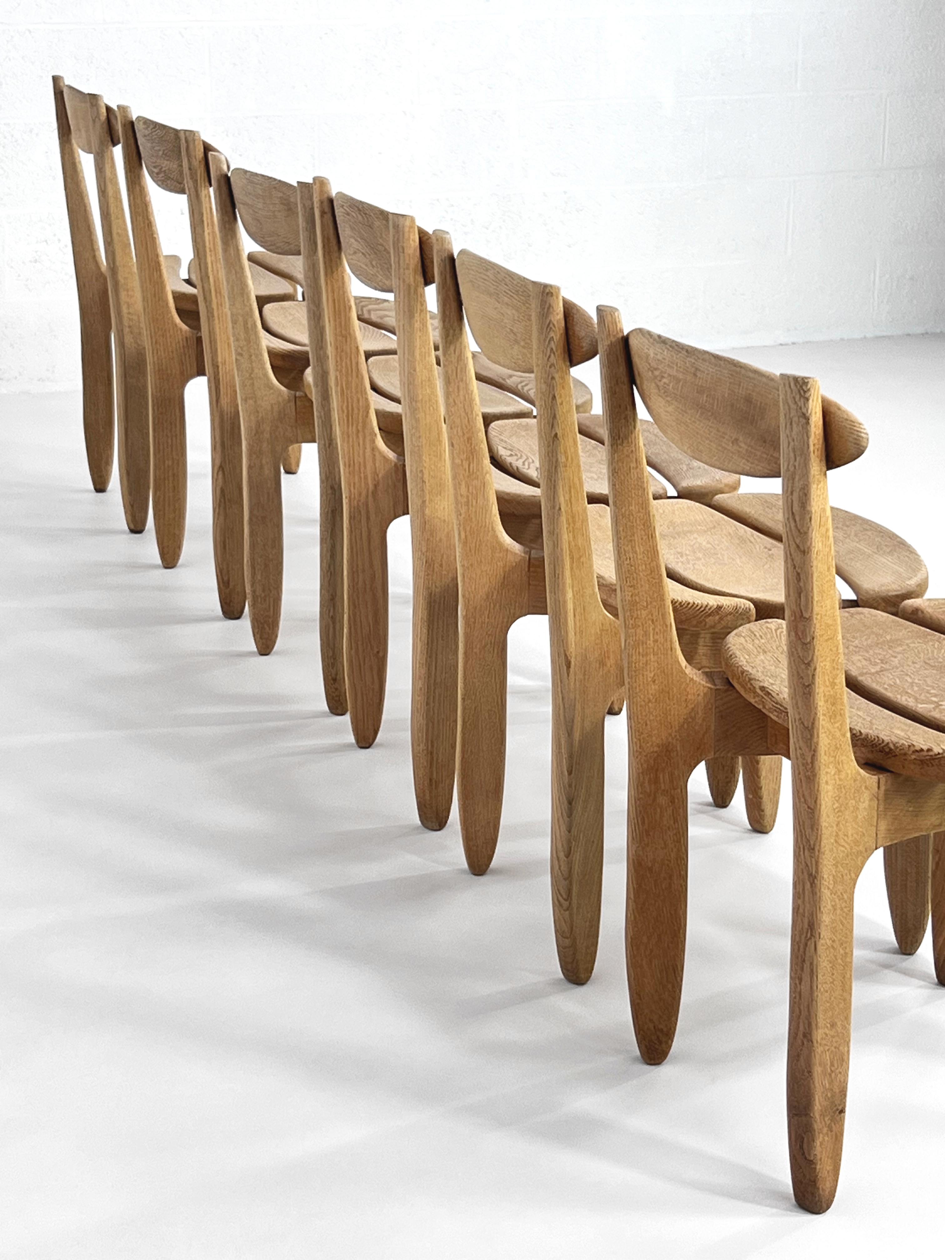 1960s French Guillerme And Chambron Duo Design Oak Wooden Set of 6 Dining Chairs 'Thierry' Model.