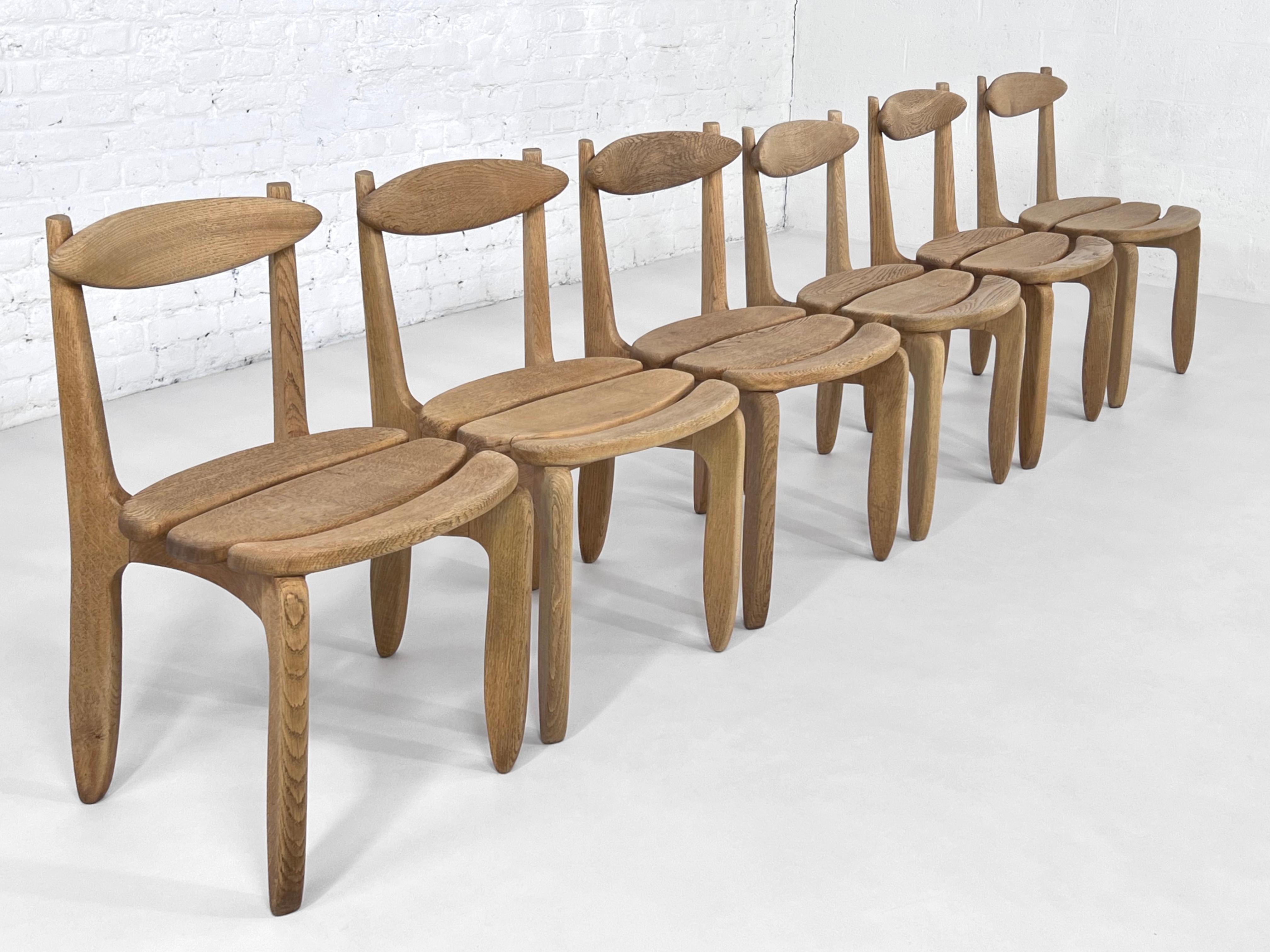 Mid-Century Modern 1960s Guillerme and Chambron Design Oak Wooden Set of Six Dining Chairs For Sale