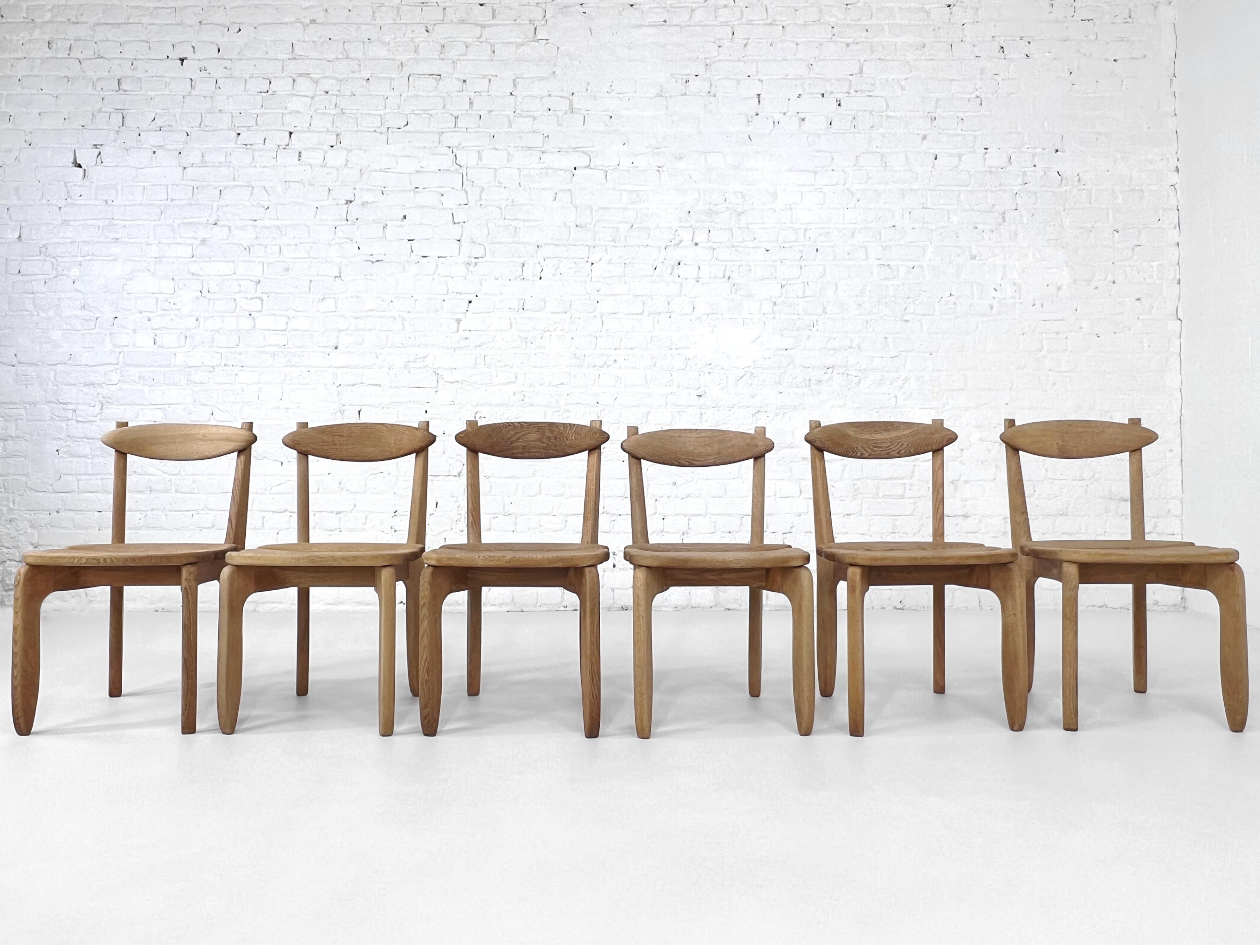 European 1960s Guillerme and Chambron Design Oak Wooden Set of Six Dining Chairs For Sale