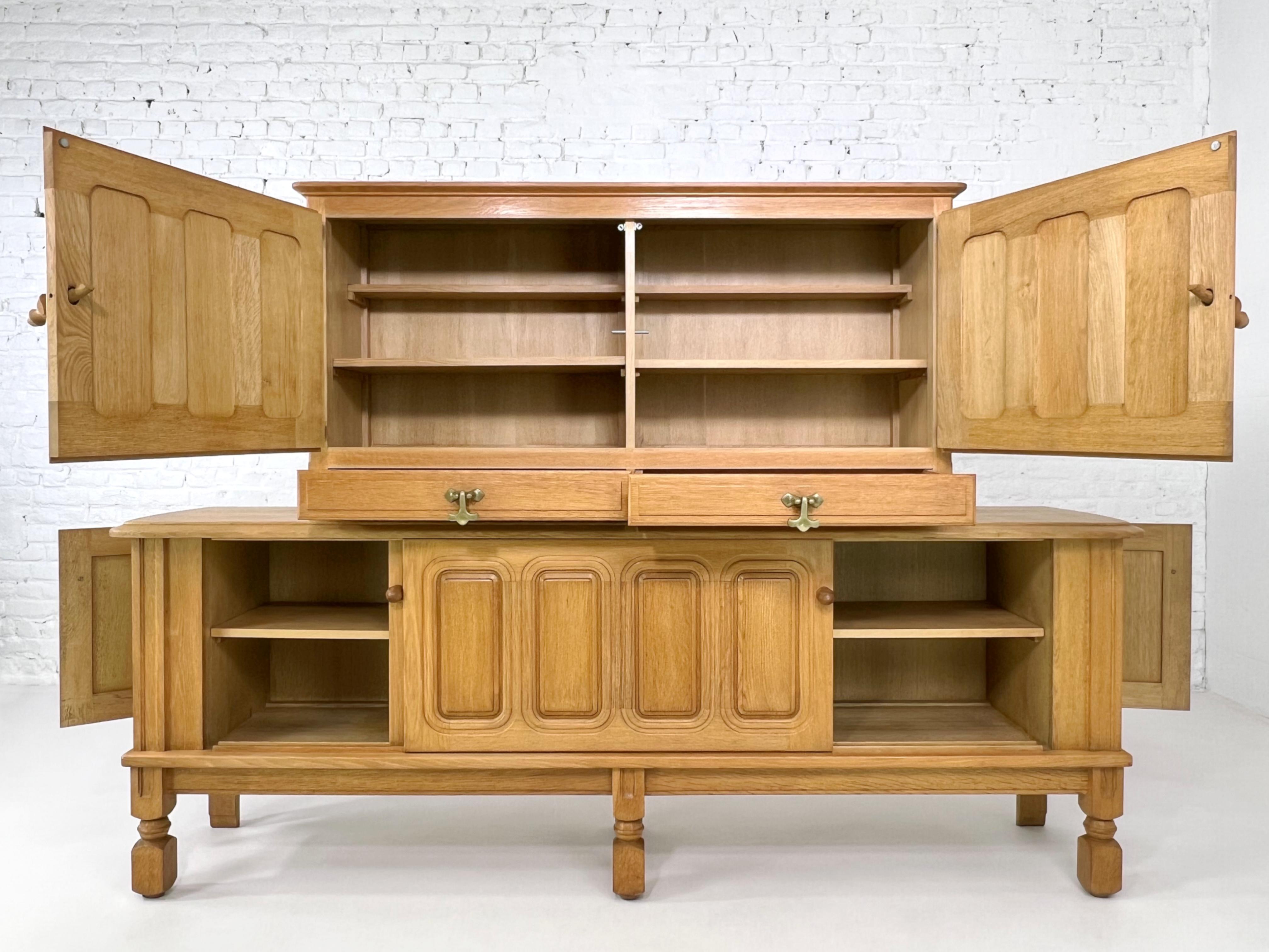 1960s French Guillerme et Chambron design solid oak wood two tier sideboard 