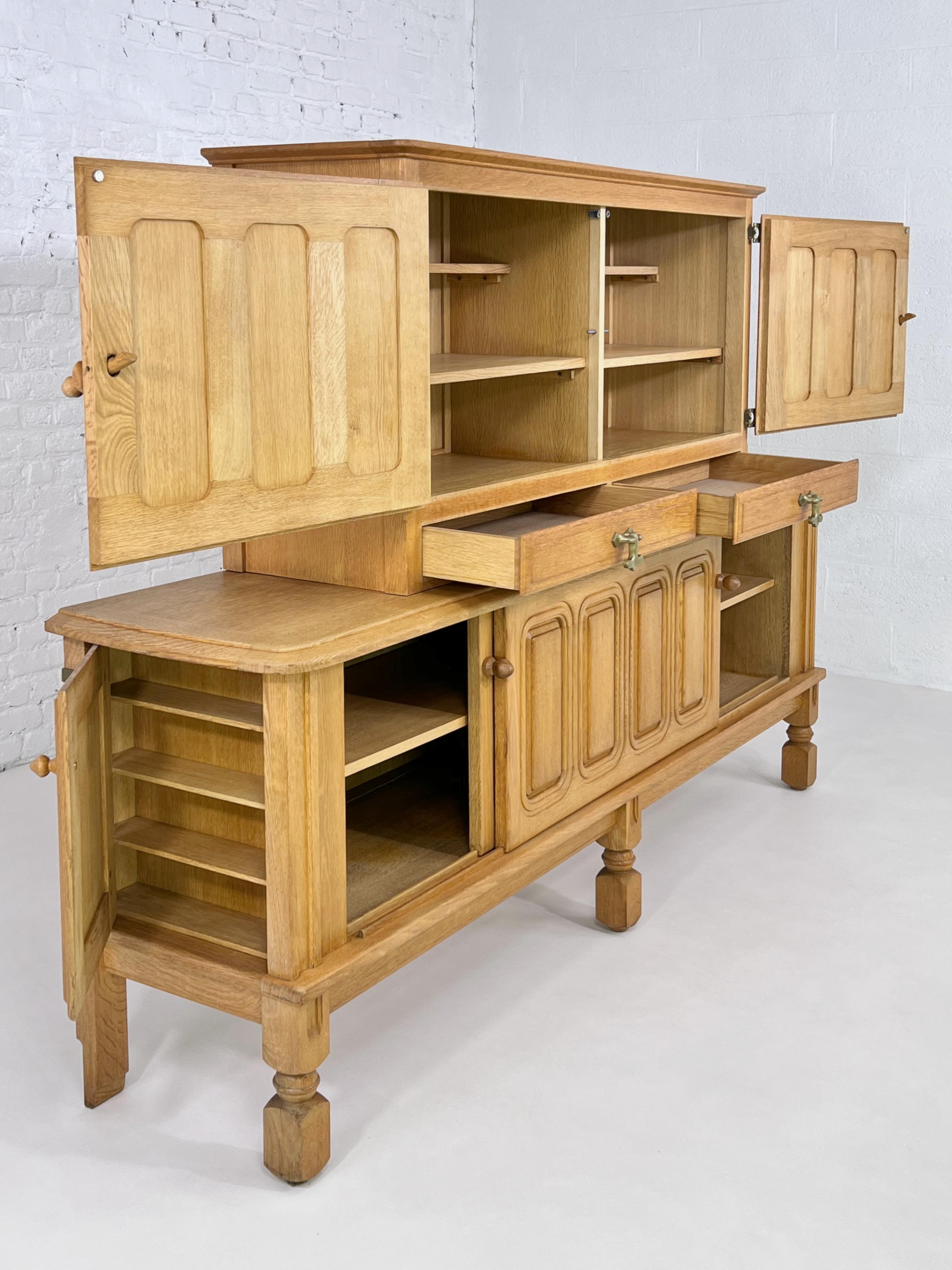 French 1960s Guillerme et Chambron Design Oak Wooden Two Tier Sideboard 