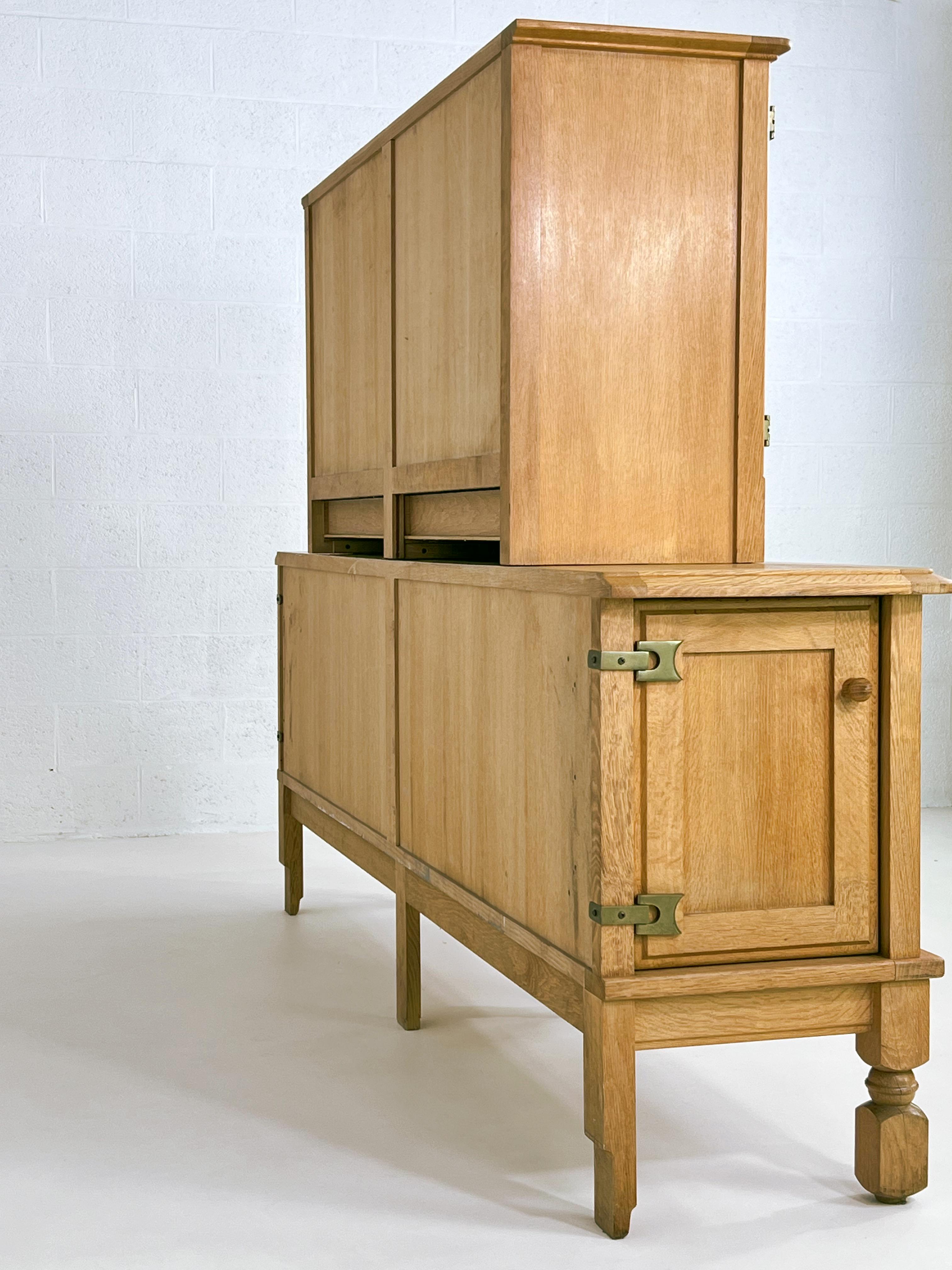 Brass 1960s Guillerme et Chambron Design Oak Wooden Two Tier Sideboard 