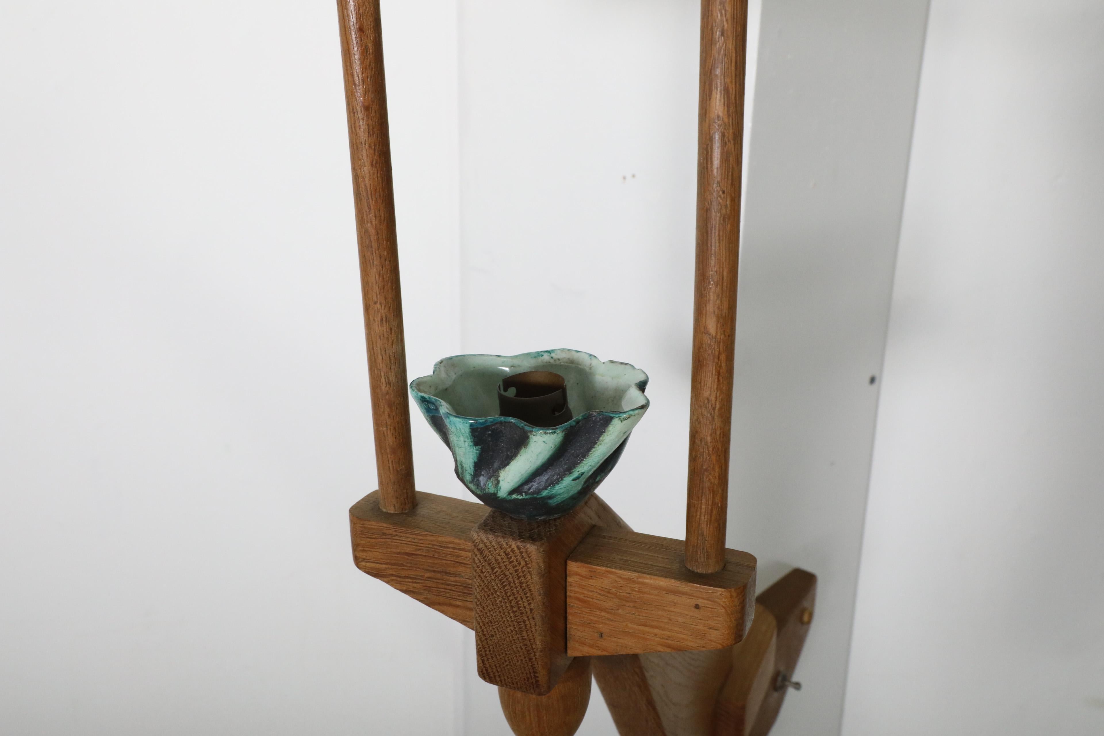 1960's Guillerme et Chambron Oak And Ceramic Corner Sconce for Votre Maison For Sale 3